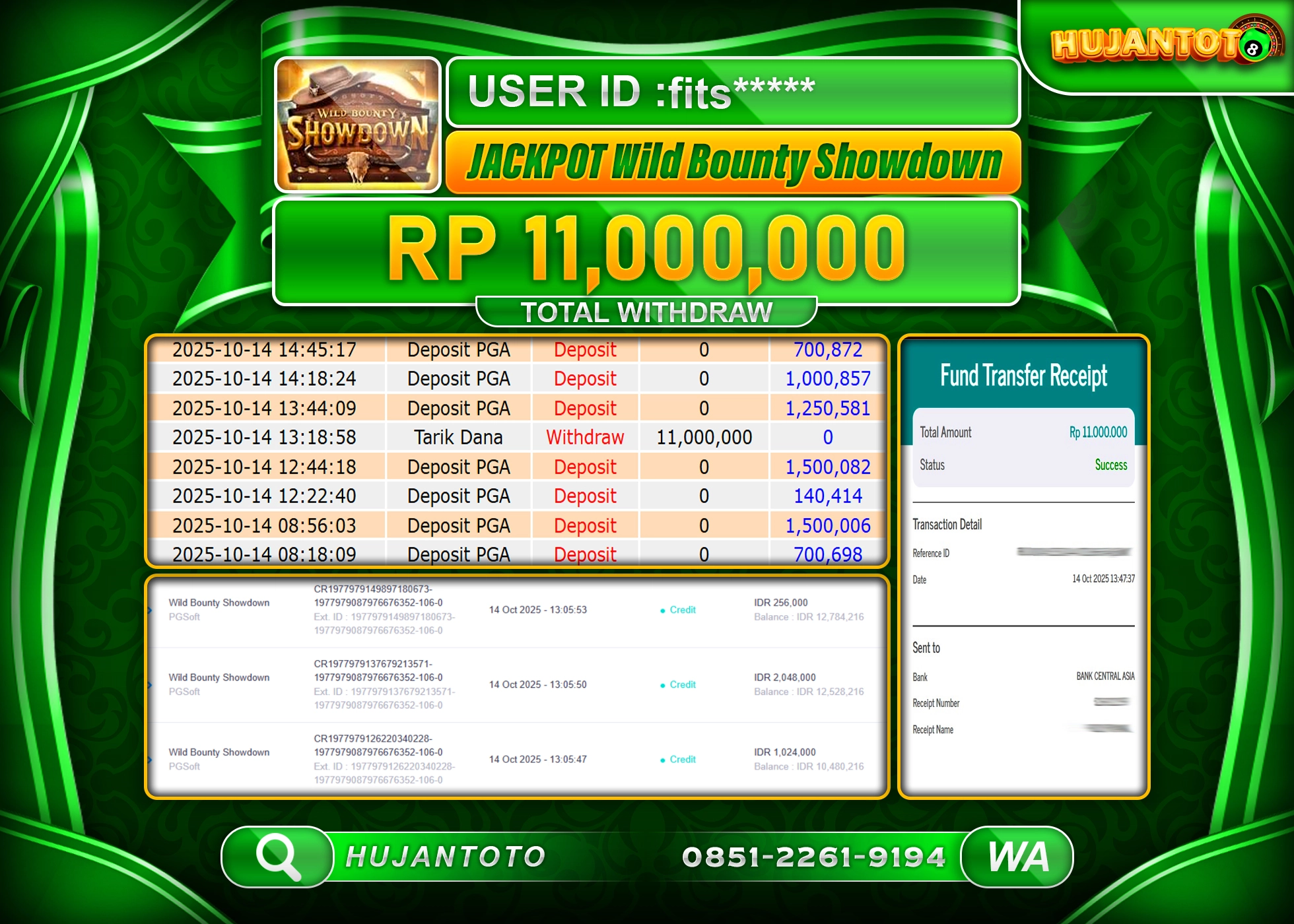 HUJANTOTO - BUKTI JACKPOT MENANG SLOT WILD BOUNTY SHOWDOWN Rp.11,000,000 - TERBAYAR LUNAS