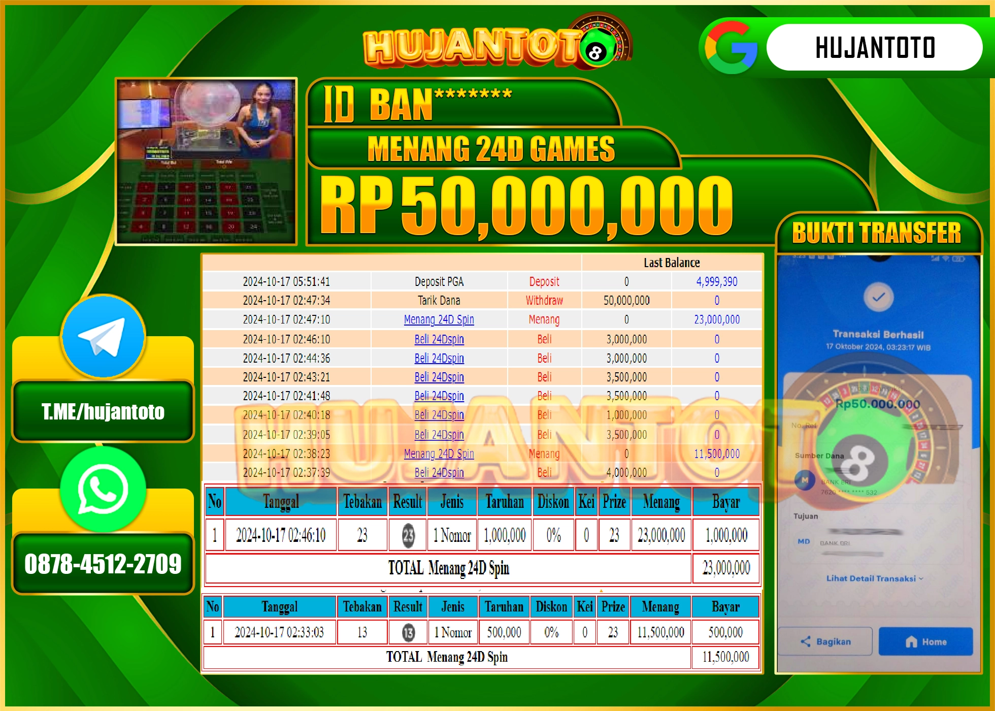 HUJANTOTO MENANG DI PERMAINAN MENANG LIVE GAME 24D GAMES- 50,000,000- LUNAS