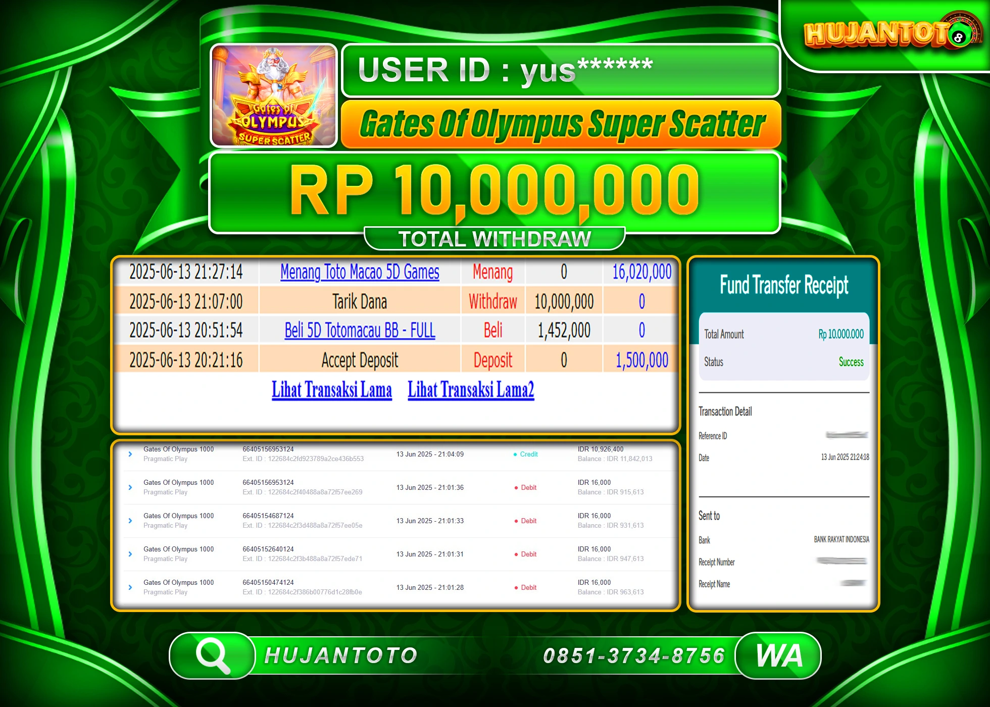 HUJANTOTO - BUKTI JACKPOT MENANG SLOT GATES OF OLYMPUS SUPER SCATTER Rp.10,000,000 - TERBAYAR LUNAS