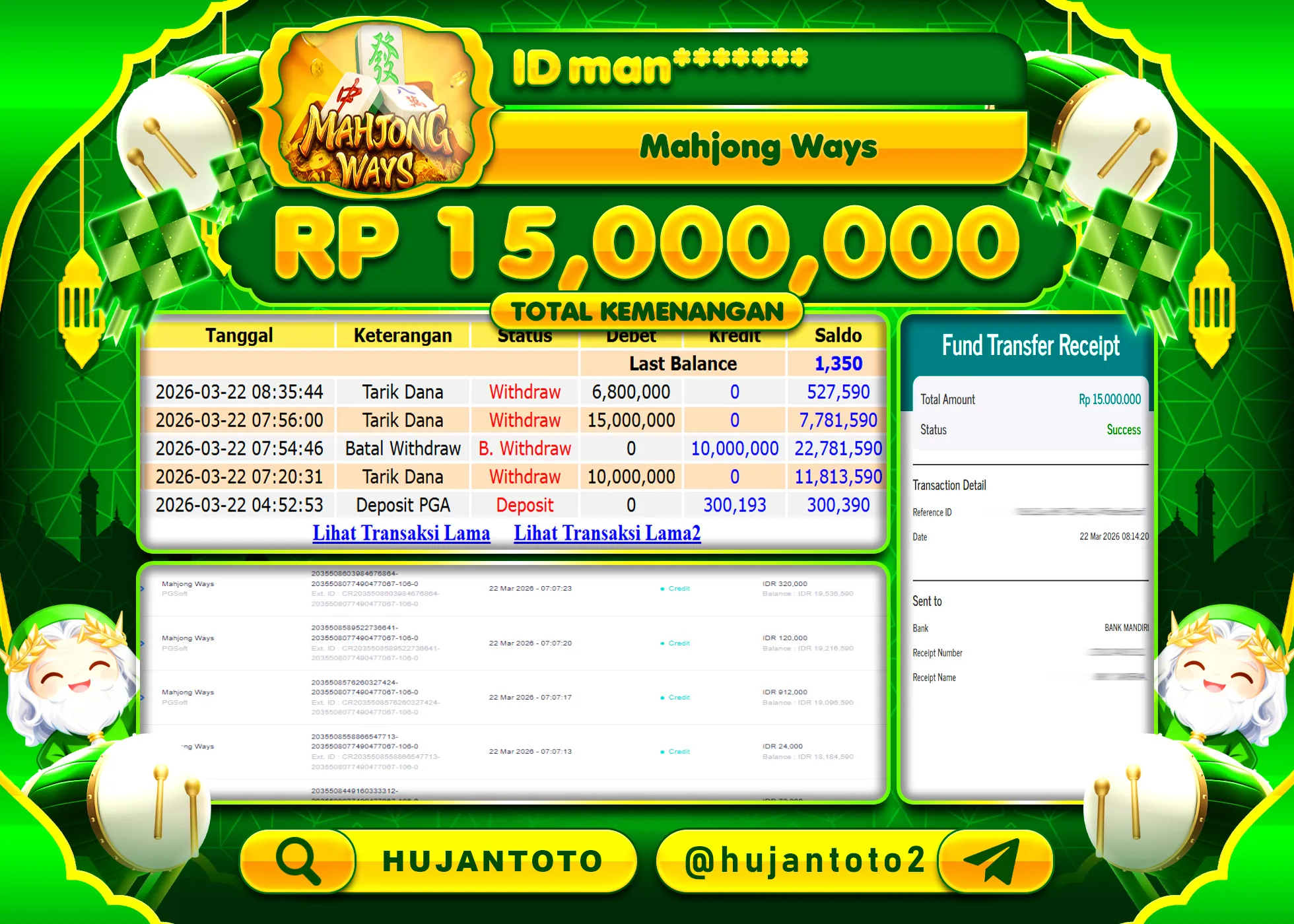 HUJANTOTO - BUKTI JACKPOT MENANG SLOT MAHJONG WAYS  Rp.15,000,000 - TERBAYAR LUNAS