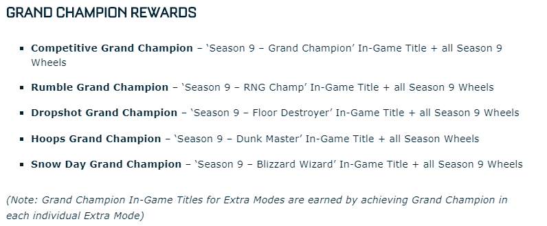 Los distintos títulos que otorgarán las recompensas de la novena temporada competitiva en función del modo. Traducciones en castellano todavía desconocidas. Fuente: https://www.rocketleague.com/news/rocket-league-roadmap--spring-2019--plus-season-9-rewards/ Los distintos títulos que otorgarán las recompensas de la novena temporada competitiva en función del modo. Traducciones en castellano todavía desconocidas. Fuente: https://www.rocketleague.com/news/rocket-league-roadmap--spring-2019--plus-season-9-rewards/