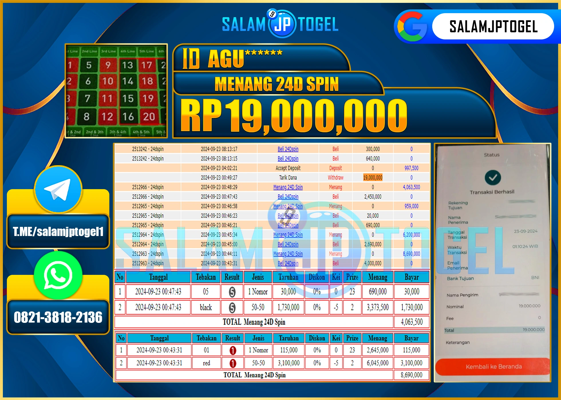 SALAMJPTOGEL MENANG LIVEGAME 24D SPIN RP. 19,000,000 LUNAS
