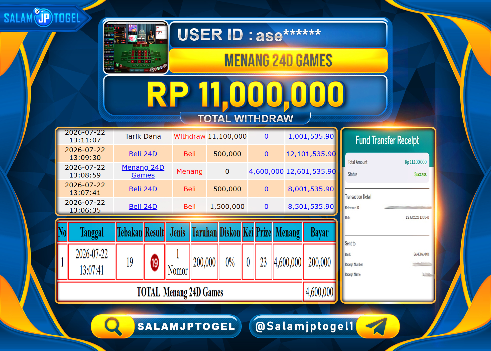SALAMJPTOGEL MEMBER JACKPOT MENANG  24D Games  - (LIVE GAMES)  Rp.11,100,000  - LUNAS