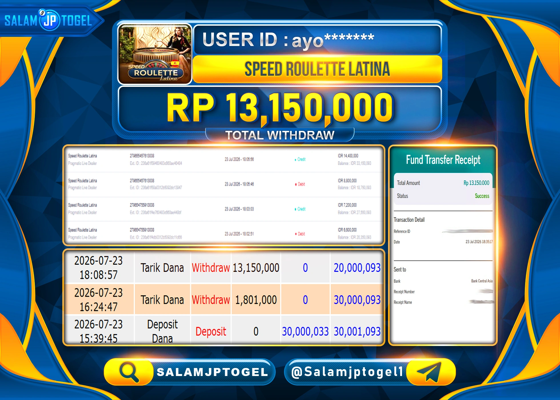 SALAMJPTOGEL JACKPOT MENANG LIVEGAMES SPEED ROULETTE LATINA Rp.13,150,000 - LUNAS