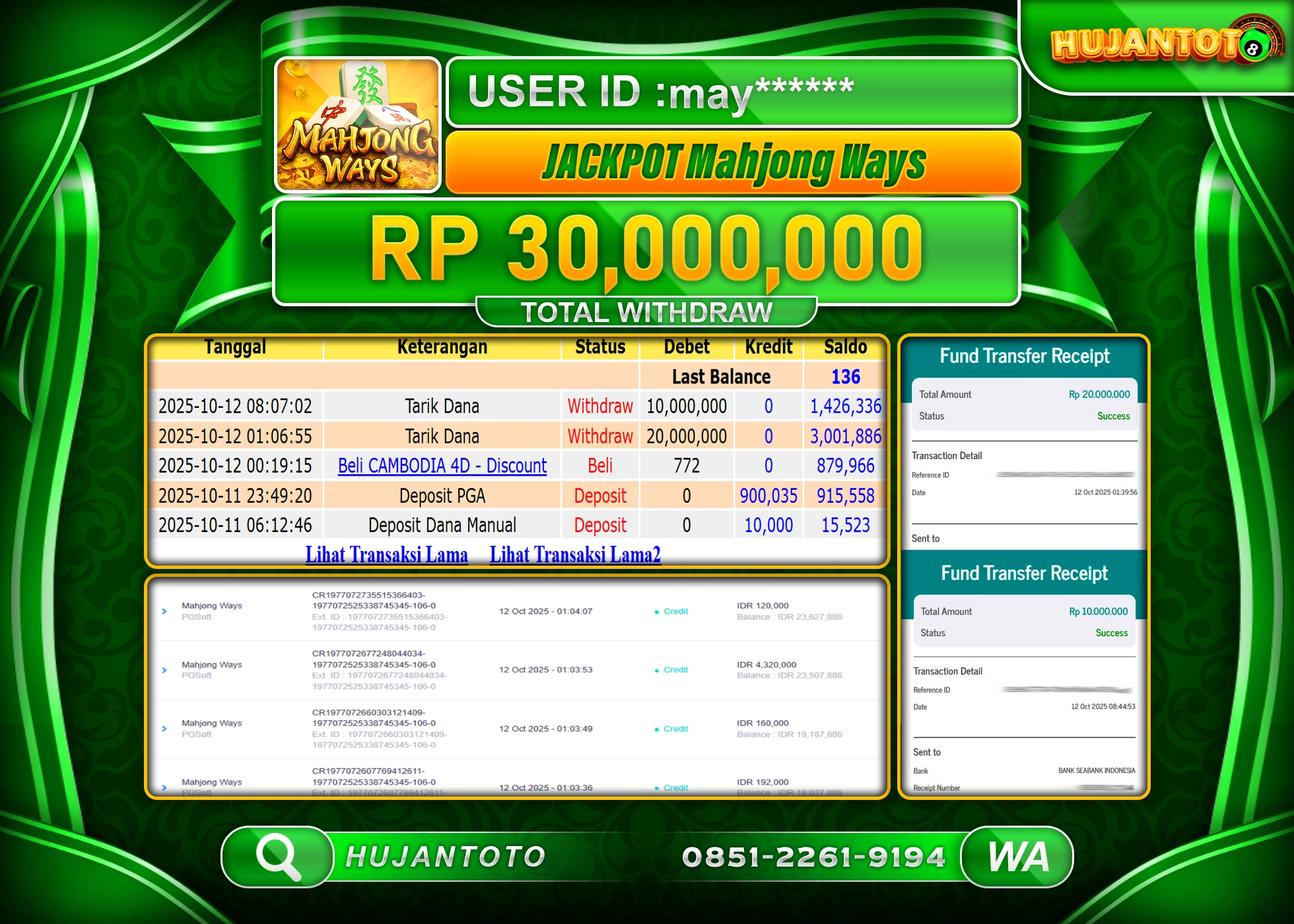 HUJANTOTO - BUKTI JACKPOT MENANG SLOT MAHJONG WAYS Rp.30,000,000 - TERBAYAR LUNAS