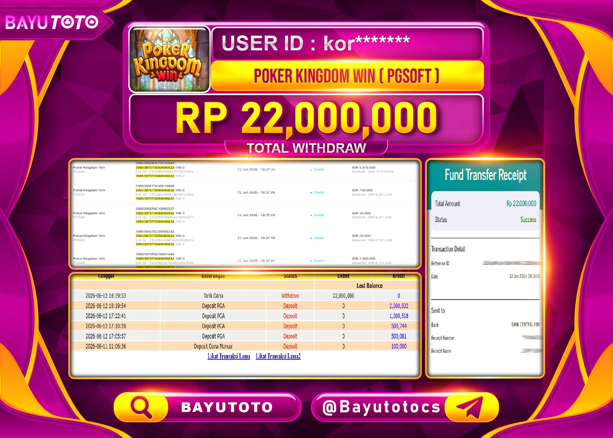 SELAMAT MEMBER SETIA BAYUTOTO JACKPOT DI POKER KINGDOM WIN ( PGSOFT ) Rp. 22,000,000 LUNAS