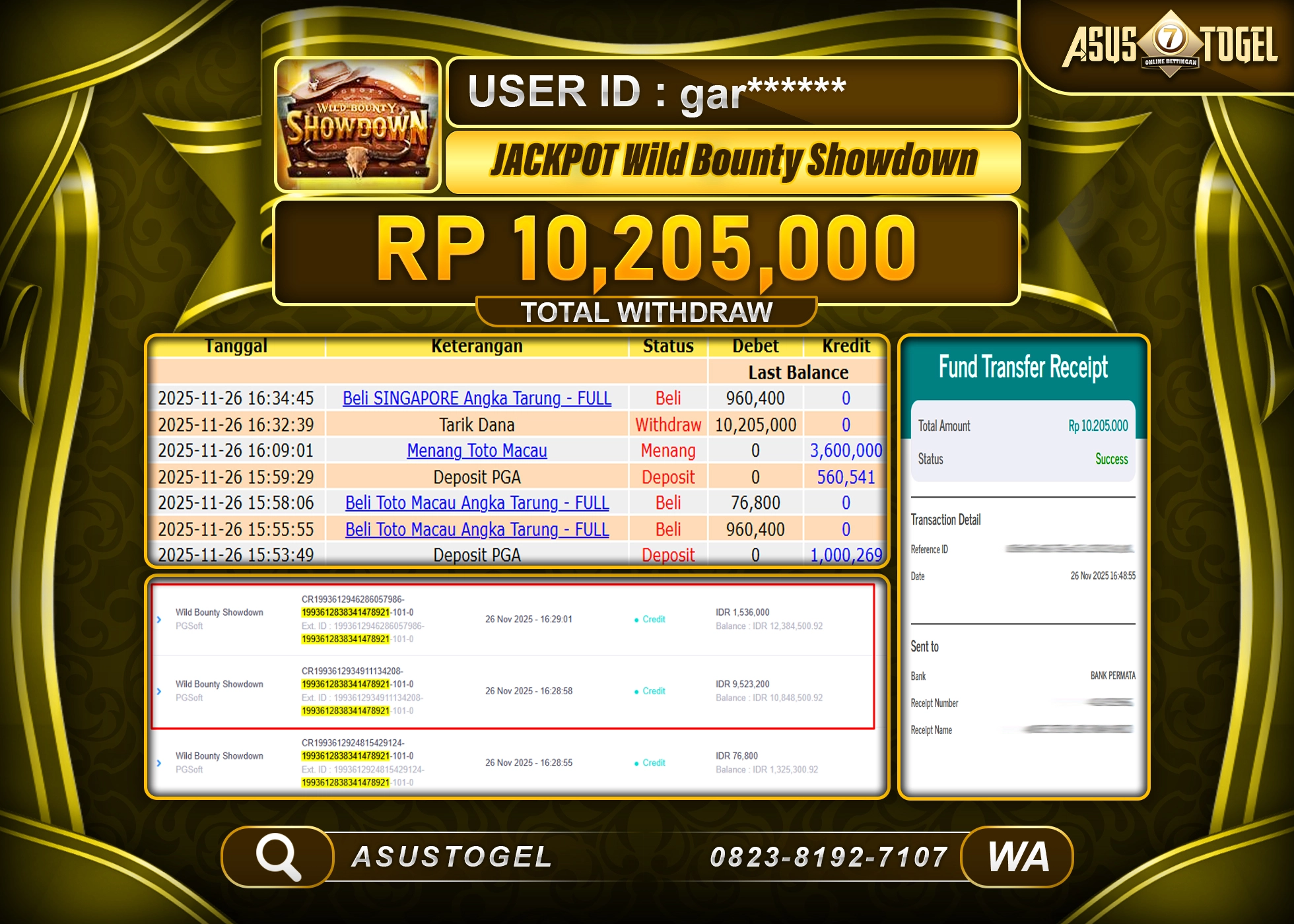 ASUSTOGEL KEMENANGAN DI SLOT WILD BOUNTY SHOWDOWN SEBESAR 10,205,000 - RUPIAH LUNAS