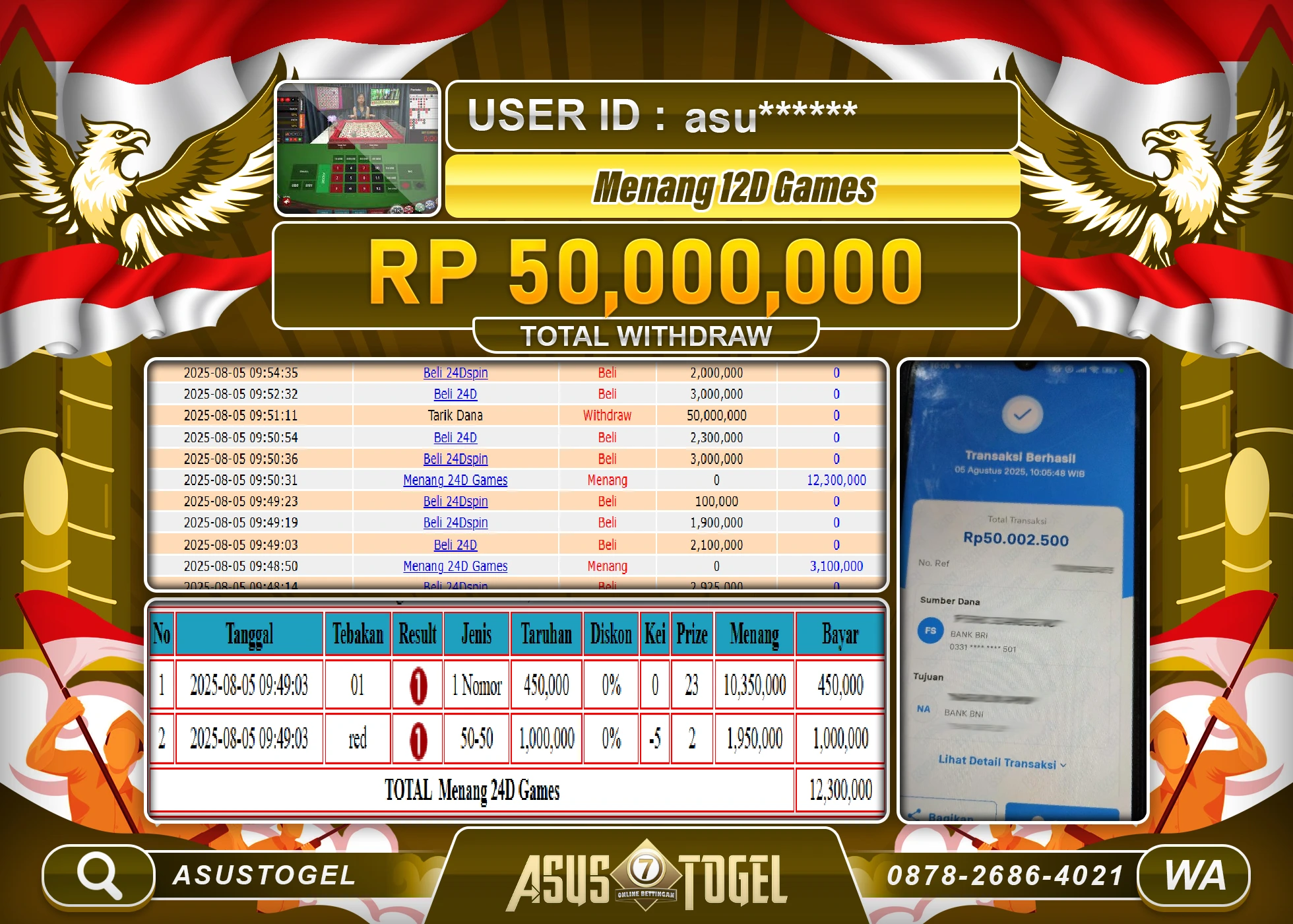 ASUSTOGEL KEMENANGAN DI LIVEGAME 24D SPIN SEBESAR 50,000,000- RUPIAH LUNAS