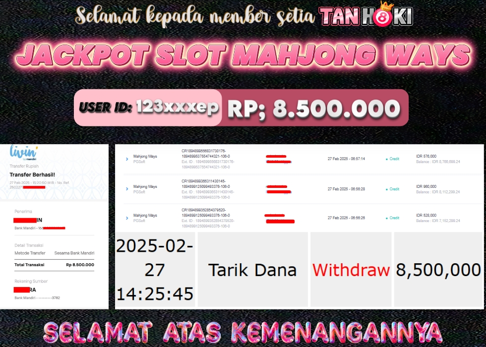 TANHOKI JACKPOT SLOT MAHJONG WAYS  Rp.8.500.000,- LUNAS