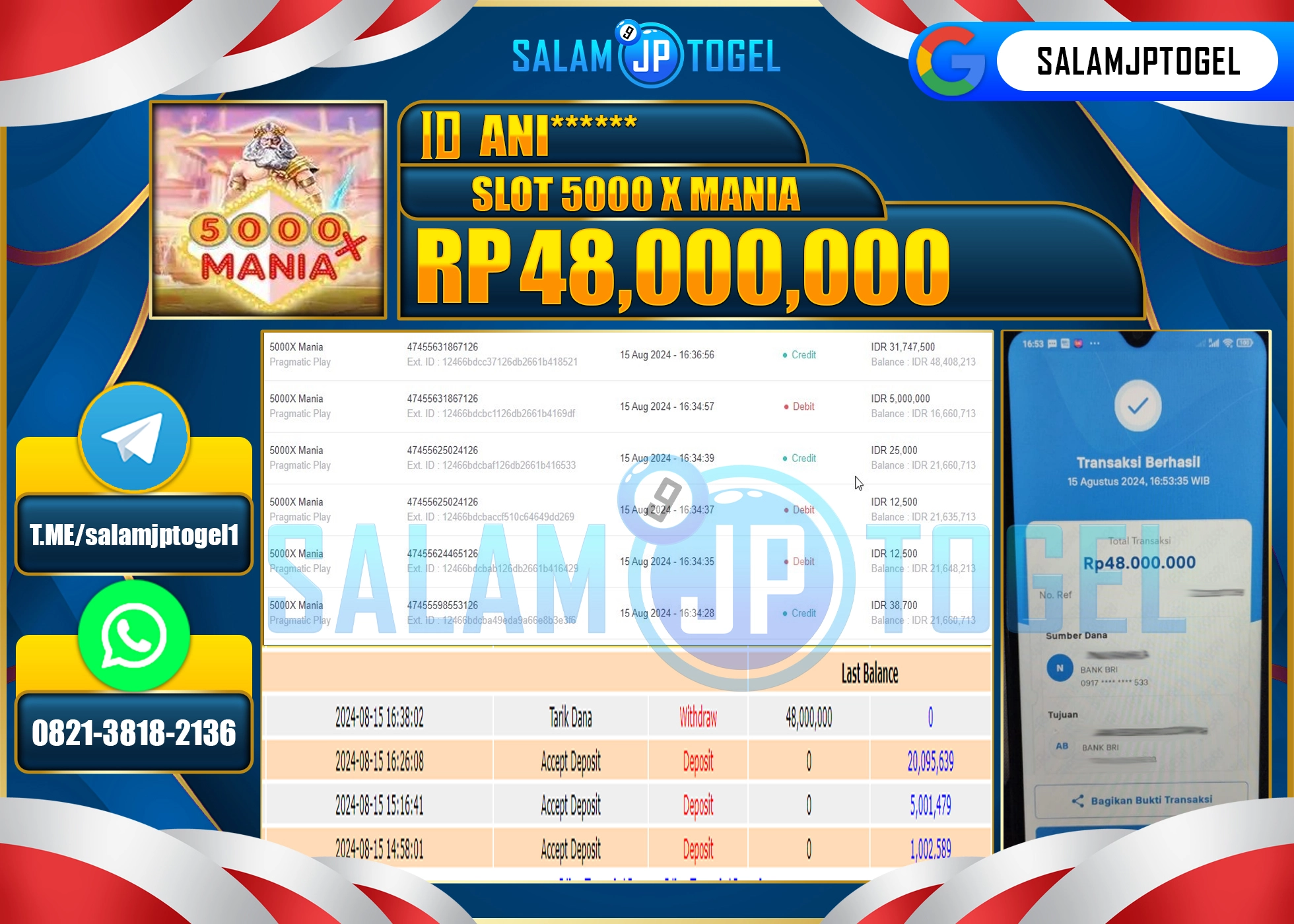 SALAMJPTOGEL MENANG SLOT 5000 X MANIA RP. 48,000,000.,LUNAS