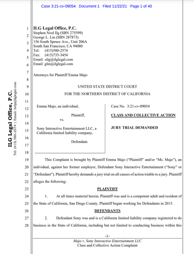 Majo v Sony Interactive Entertainment, class action lawsuit page 1.