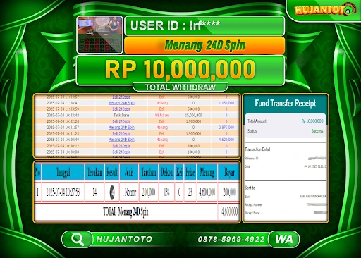 HUJANTOTO - BUKTI JACKPOT MENANG LIVEGAMES 24D SPIN Rp.10,000,000 - TERBAYAR LUNAS