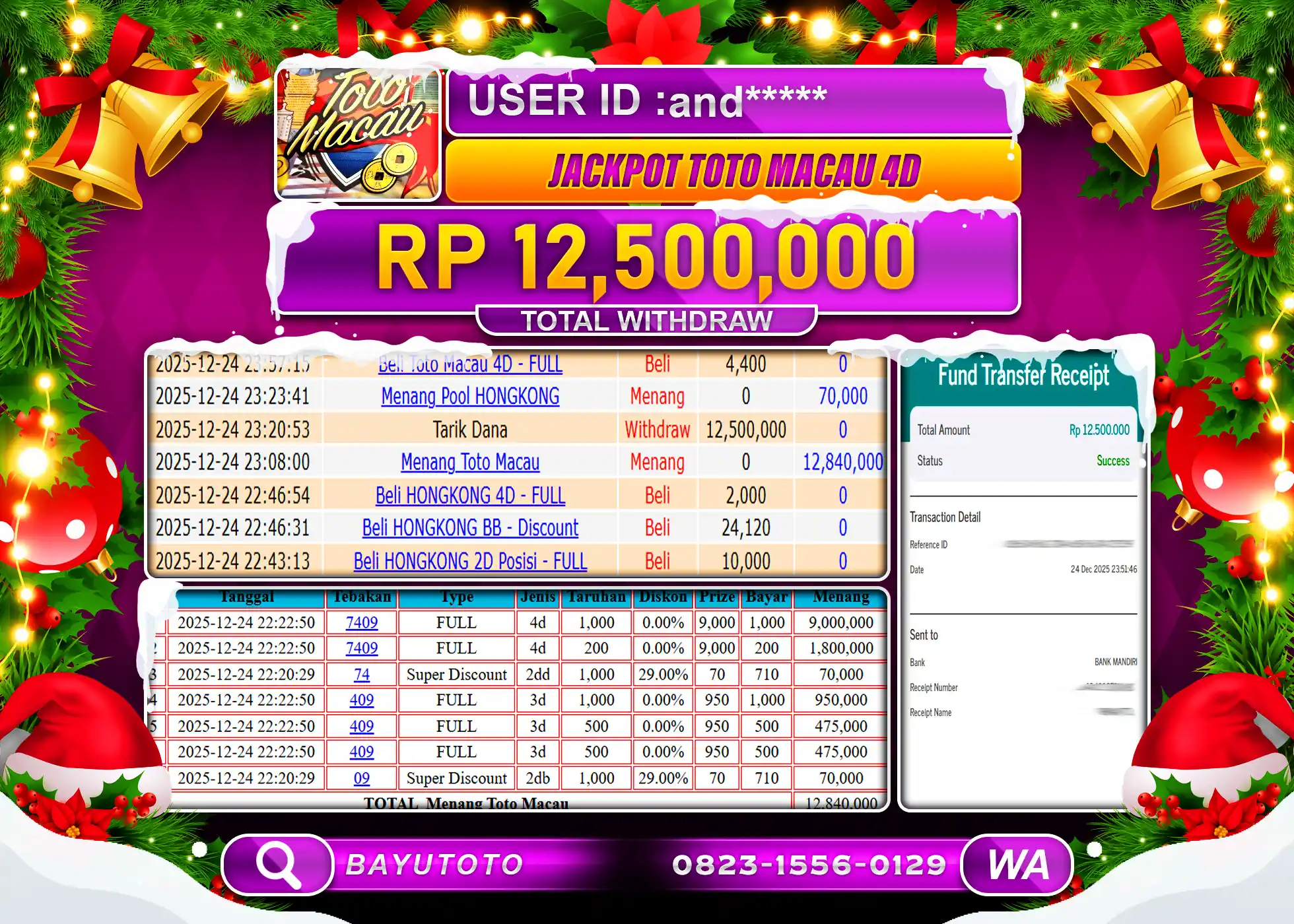SELAMAT MEMBER SETIA BAYUTOTO JACKPOT DI TOTO MACAU 4D Rp. 12,500,000 LUNAS