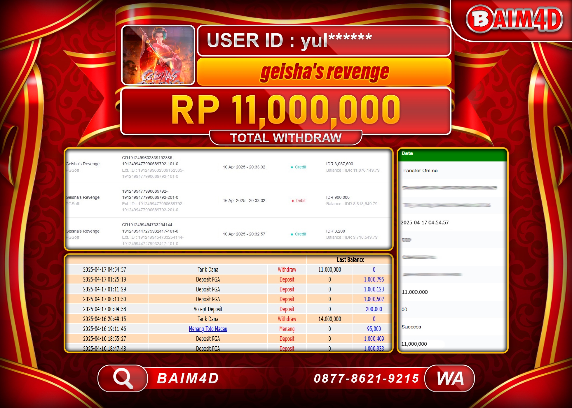 BAIM4D JACKPOT Slot Geisha's Revenge Rp.11.000,000.- LUNAS