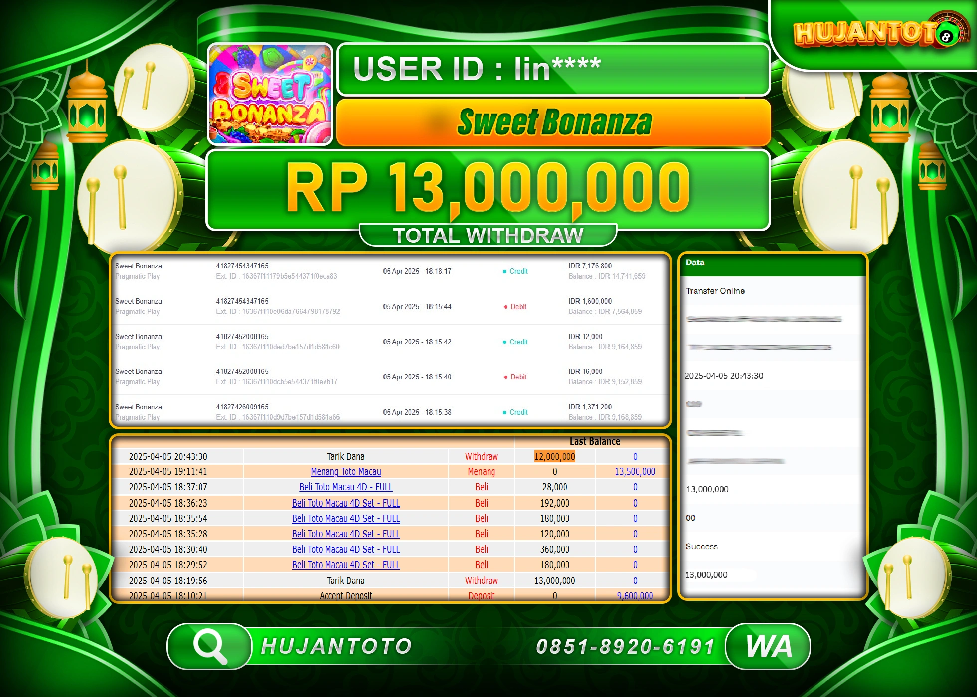 HUJANTOTO - BUKTI JACKPOT MENANG SLOT SWEET BONANZA Rp,13,000,000 - TERBAYAR LUNAS