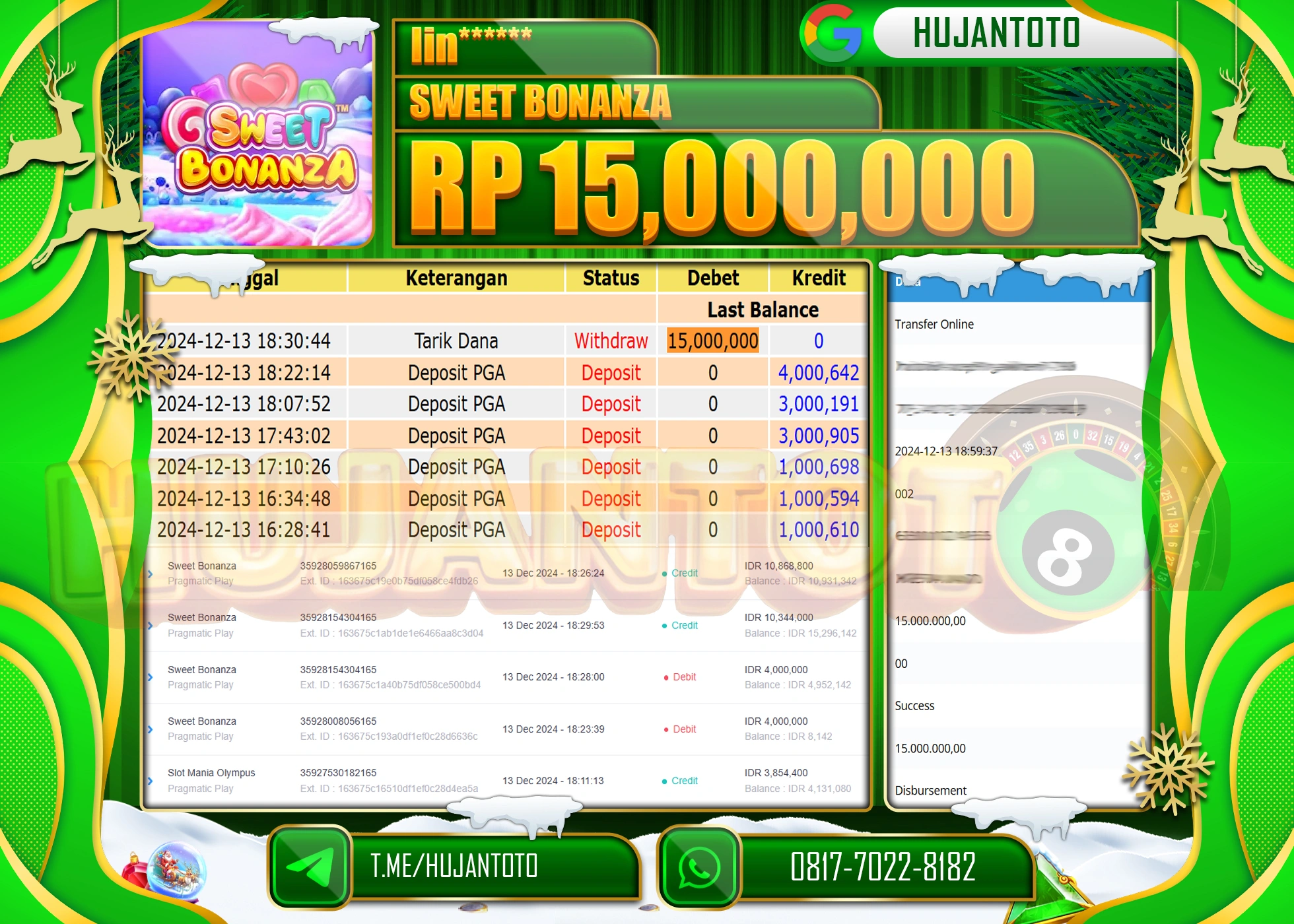 HUJANTOTO ATAS KEMENANGAN BESAR YANG DI RAIH DI PERMAINASLOT SWEET BONANZA SEBESAR - 15,000,000 - TERBAYAR LUNAS