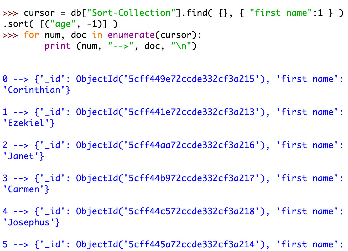 Screenshot nečinnosti Pythonu iterace objektu kurzoru se tříděnými daty dvou polí