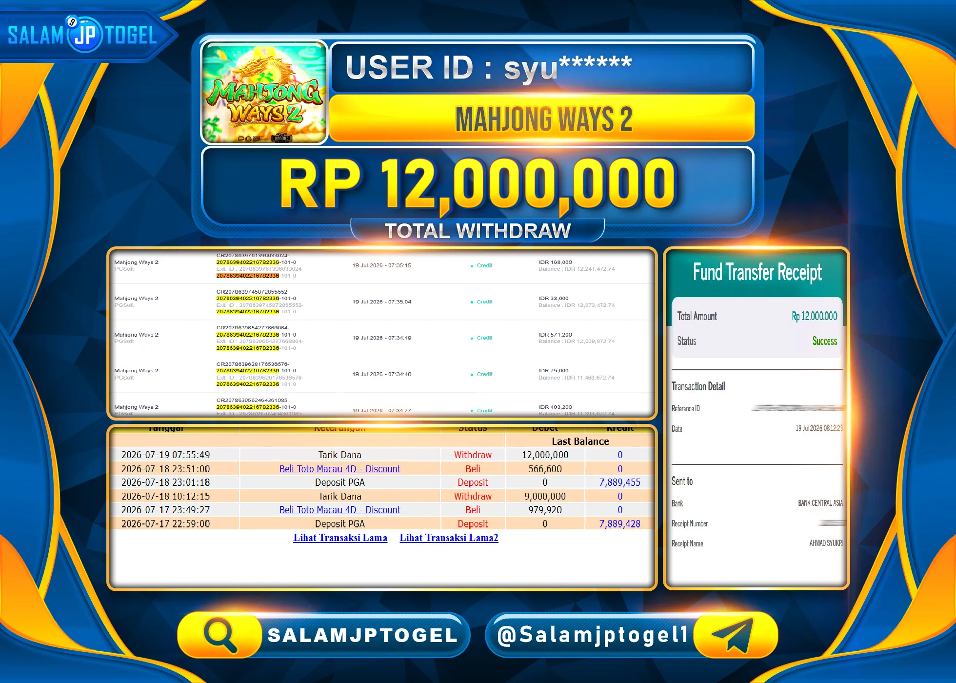 SALAMJPTOGEL JACKPOT MENANG SLOT MAHJONG WAYS 2 PG SOFT Rp.12,000,000 - LUNAS