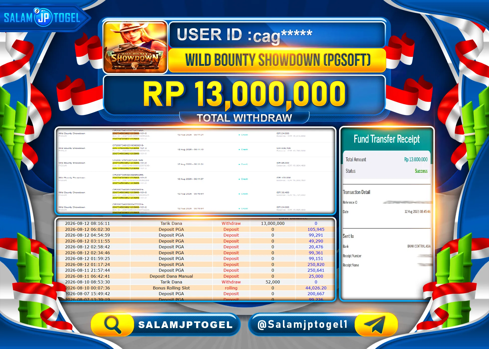SALAMJPTOGEL JACKPOT MENANG SLOT WILD BOUNTY SHOWDOWN Rp.13,000,000 - LUNAS
