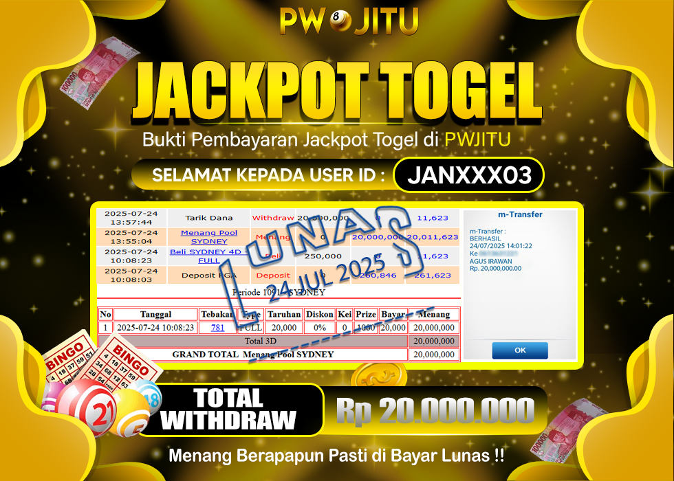 PWJITU JACKPOT TOGEL SYDNEY Rp.20.000.000,- LUNAS