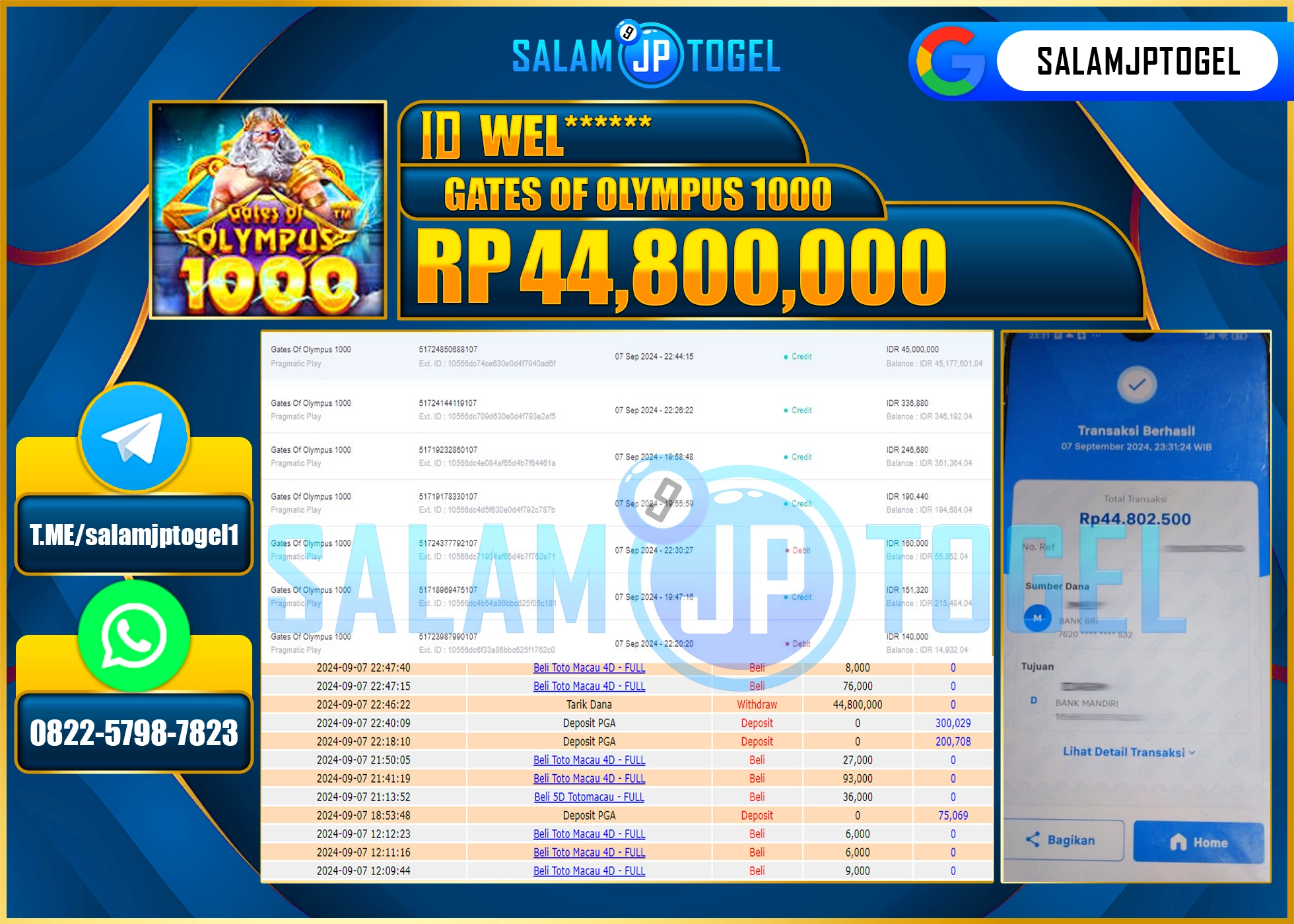 SALAMJPTOGEL MENANG SLOT GATES OF OLYMPUS 1000 RP. 44,800,000 LUNAS