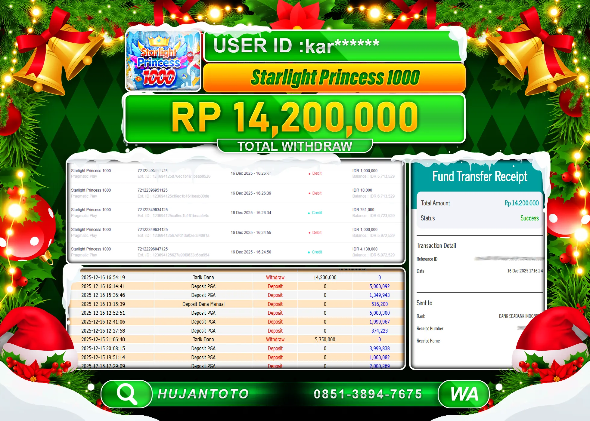 HUJANTOTO - BUKTI JACKPOT MENANG SLOT STARLIGHT PRINCESS 1000 Rp.14,200,000 - TERBAYAR LUNAS