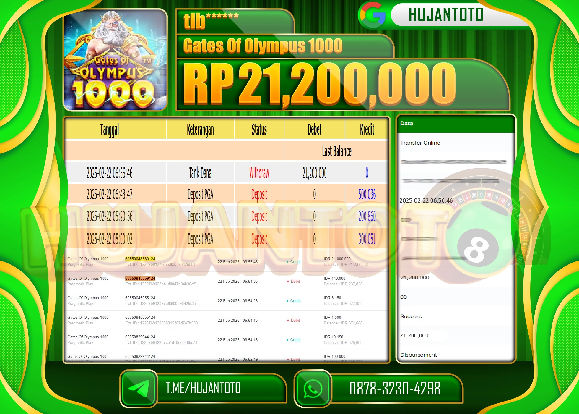 HUJANTOTO - BUKTI JACKPOT MENANG SLOT GATES OF OLYMPUS 1000 Rp,21,200,000 - TERBAYAR LUNAS