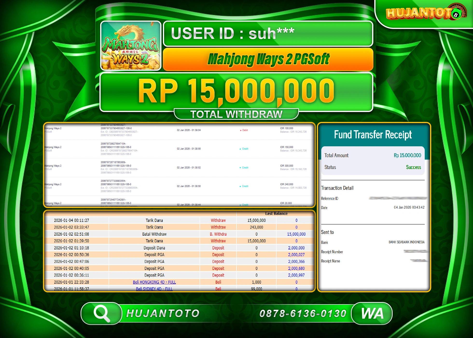 HUJANTOTO - BUKTI JACKPOT MENANG SLOT MAHJONG WAYS 2 Rp.15,000,000 - TERBAYAR LUNAS