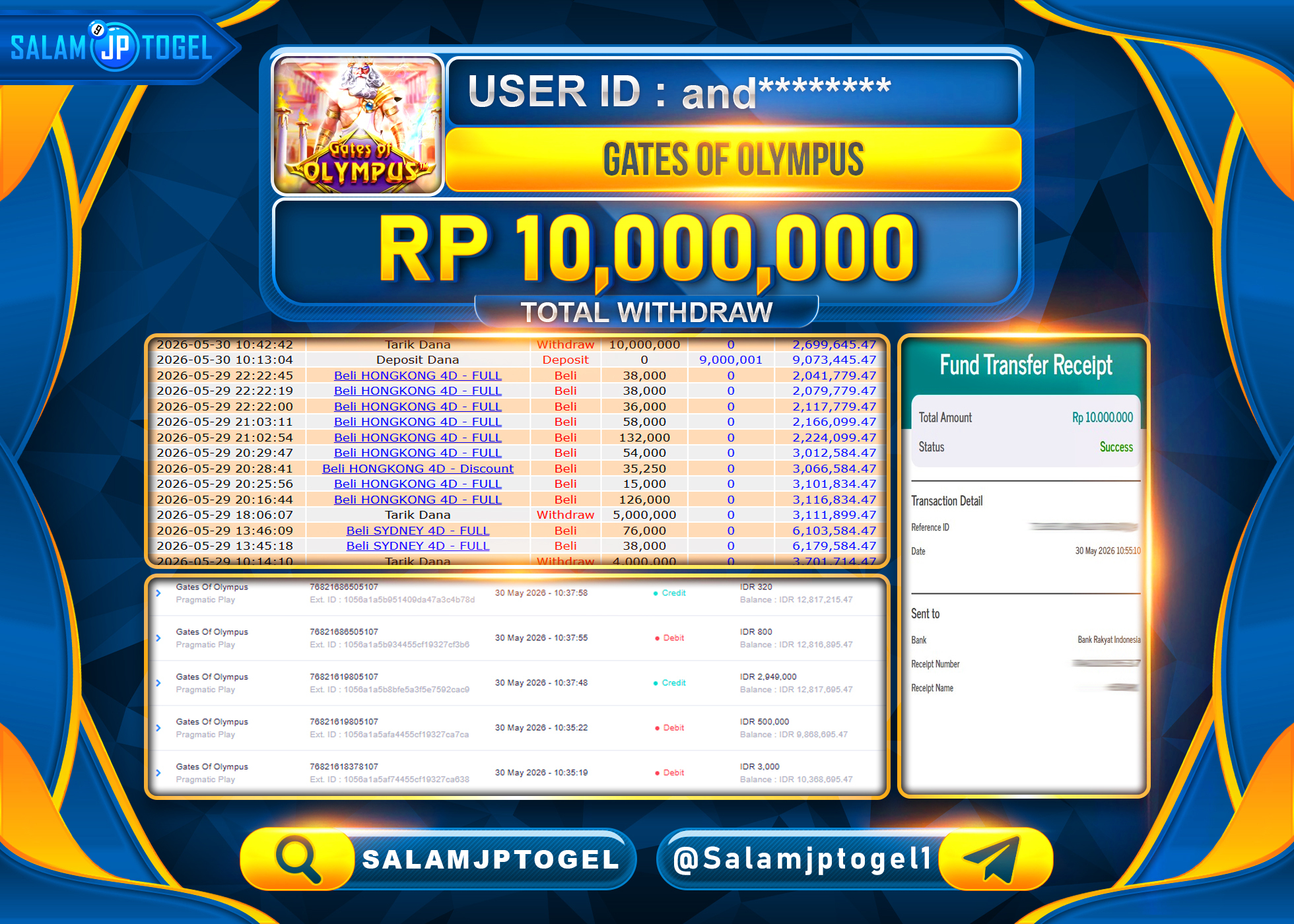 SALAMJPTOGEL JACKPOT Menang Gates Of Olympus - Pragmatic Play Rp.10,000,000 - LUNAS