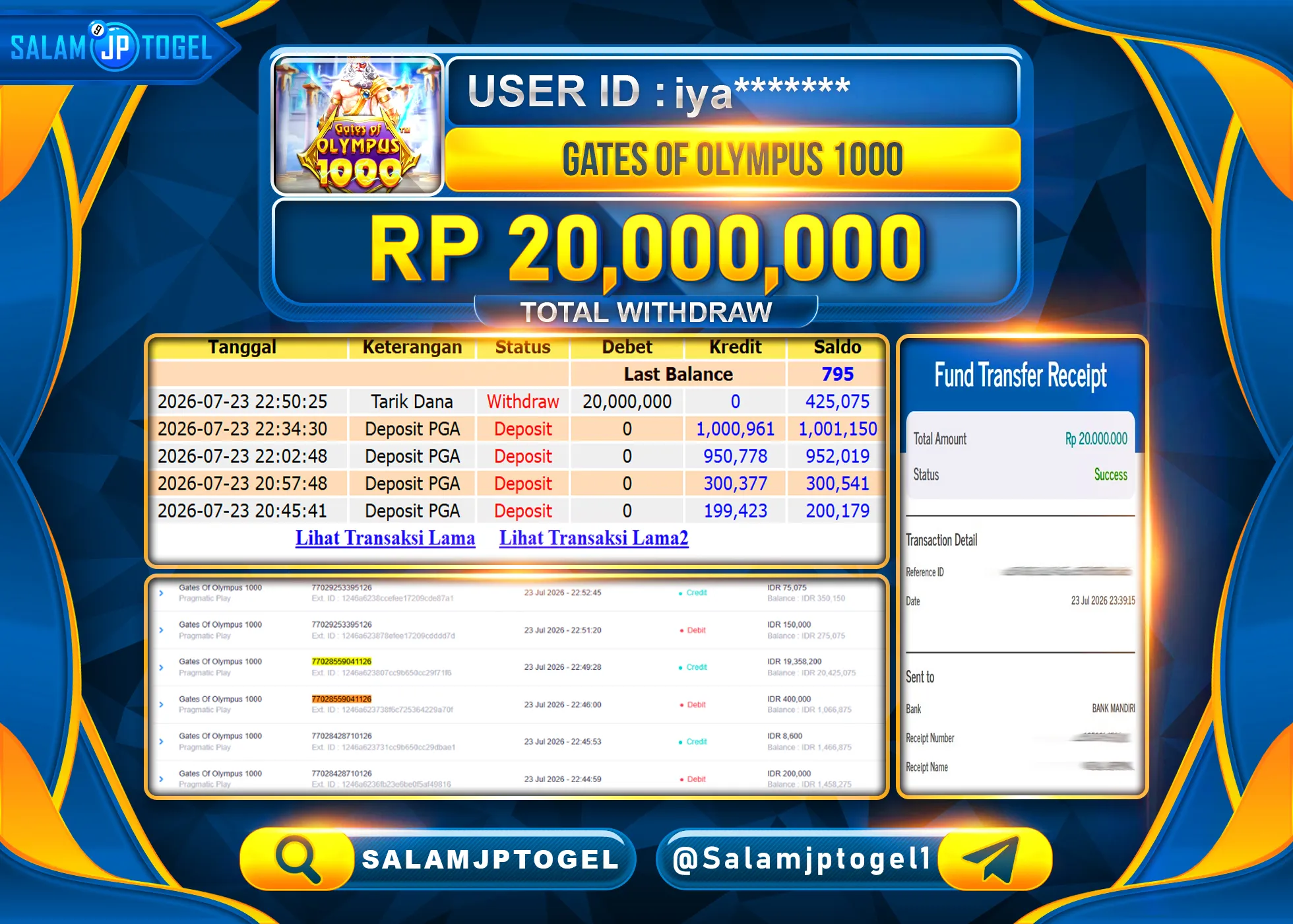 SALAMJPTOGEL JACKPOT MENANG SLOT GATES OF OLYMPUS 1000  Rp.20,000,000 - LUNAS