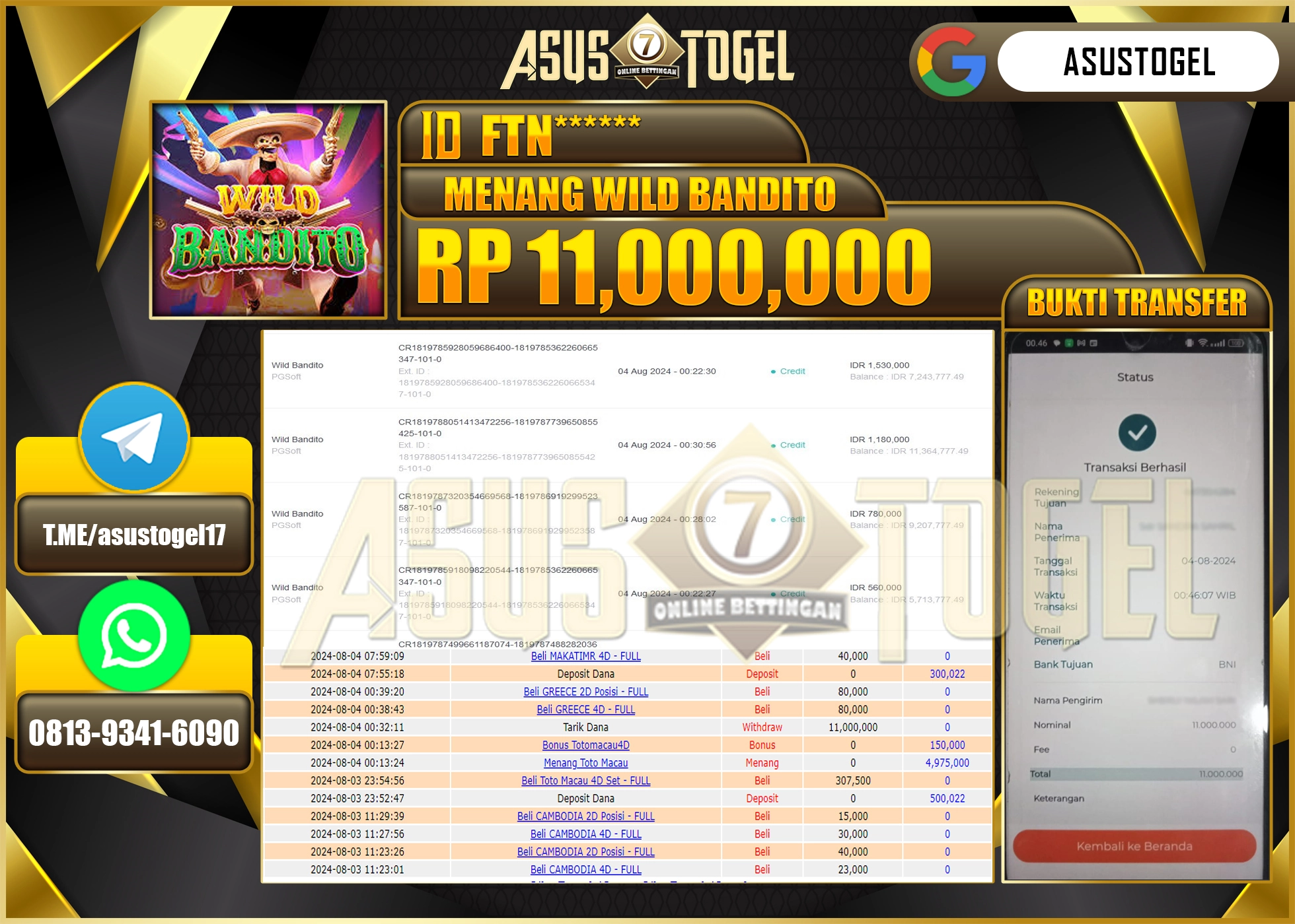 ASUSTOGEL KEMENANGAN DI PGSOFT WILD BANDITO SEBESAR 11,000,000- RUPIAH LUNAS