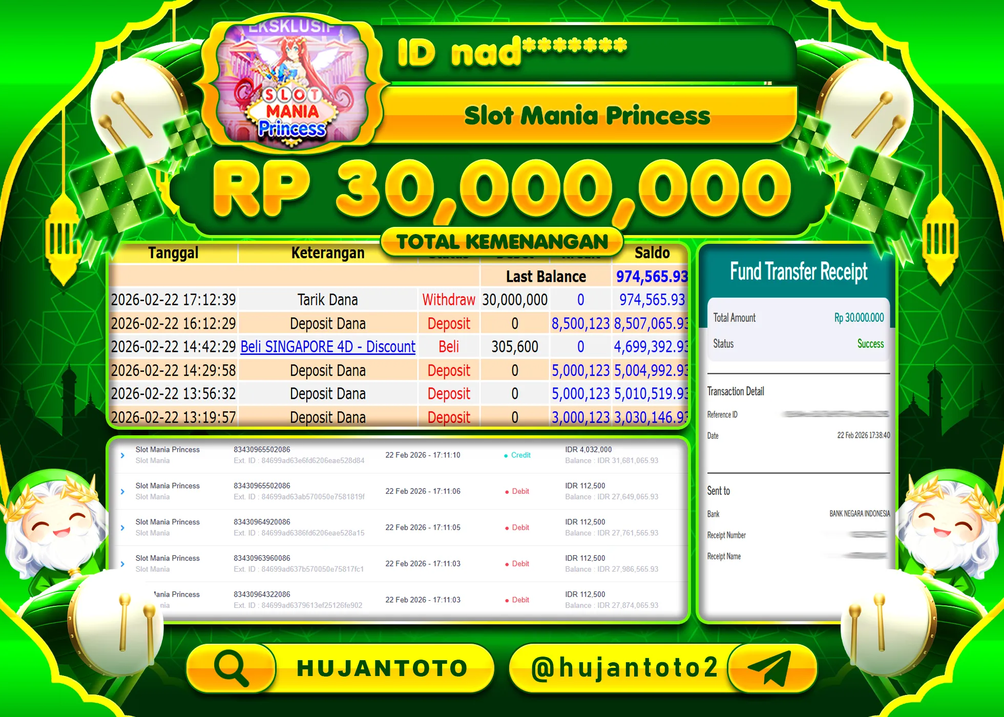 HUJANTOTO - BUKTI JACKPOT MENANG SLOT MANIA PRINCESS Rp.30,000,000 - TERBAYAR LUNAS