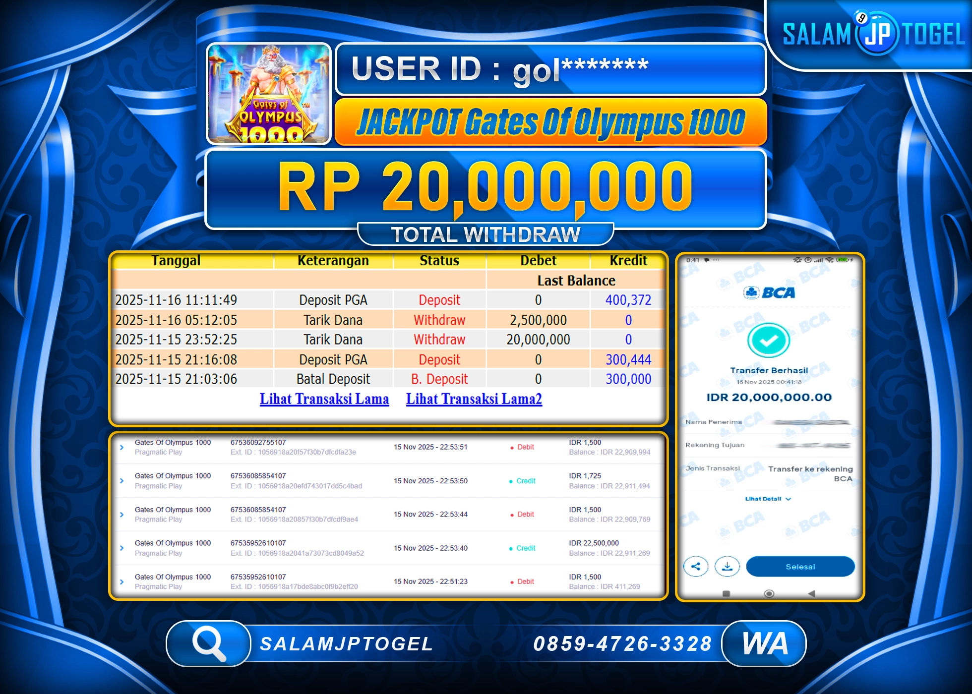 SALAMJPTOGEL MENANG GATES OF OLYMPUS 1000 Rp.20,000,000  - LUNAS