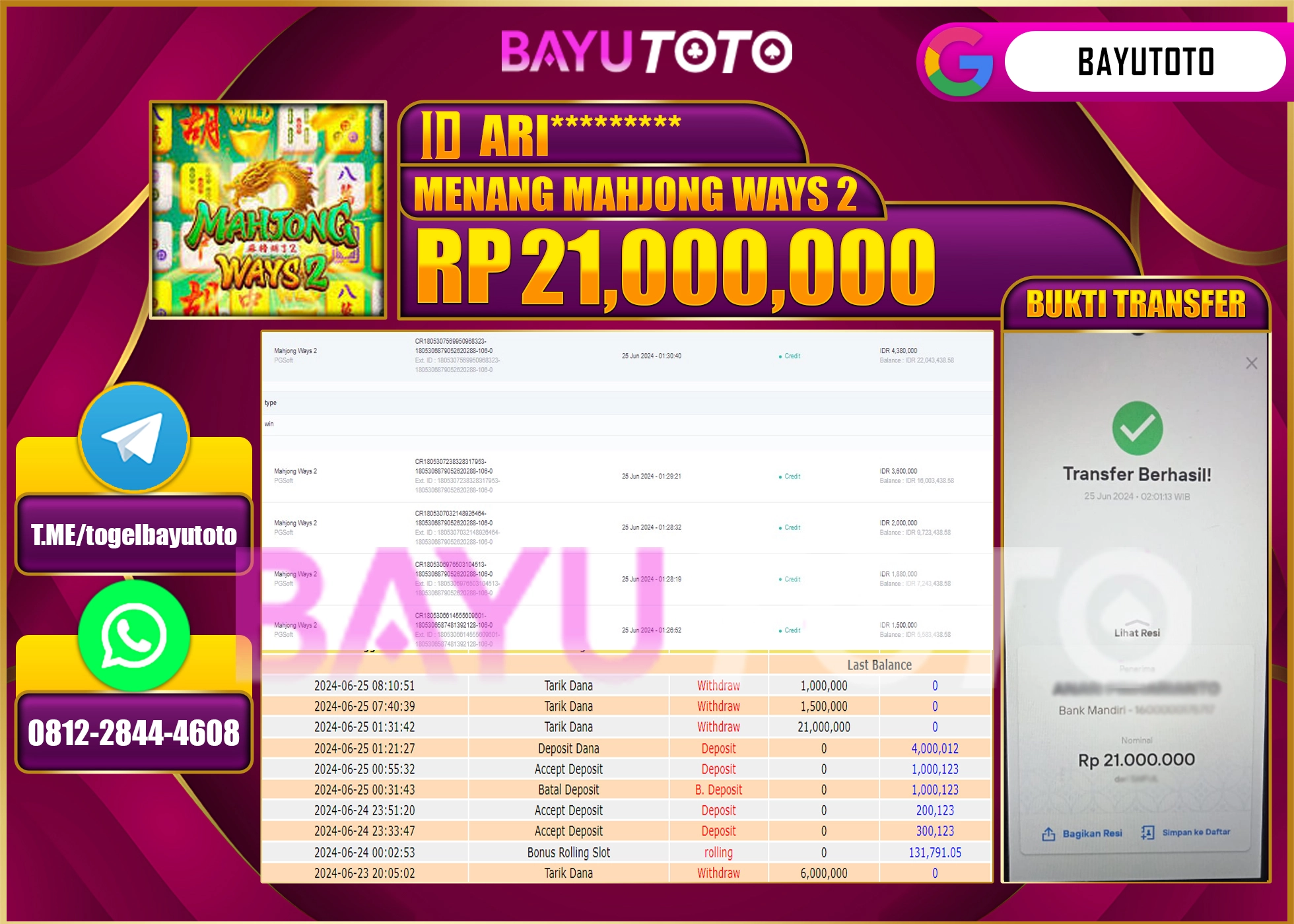 BAYUTOTO JACKPOT  MAHJONG WAYS 2  Rp.21.000.000 LUNAS