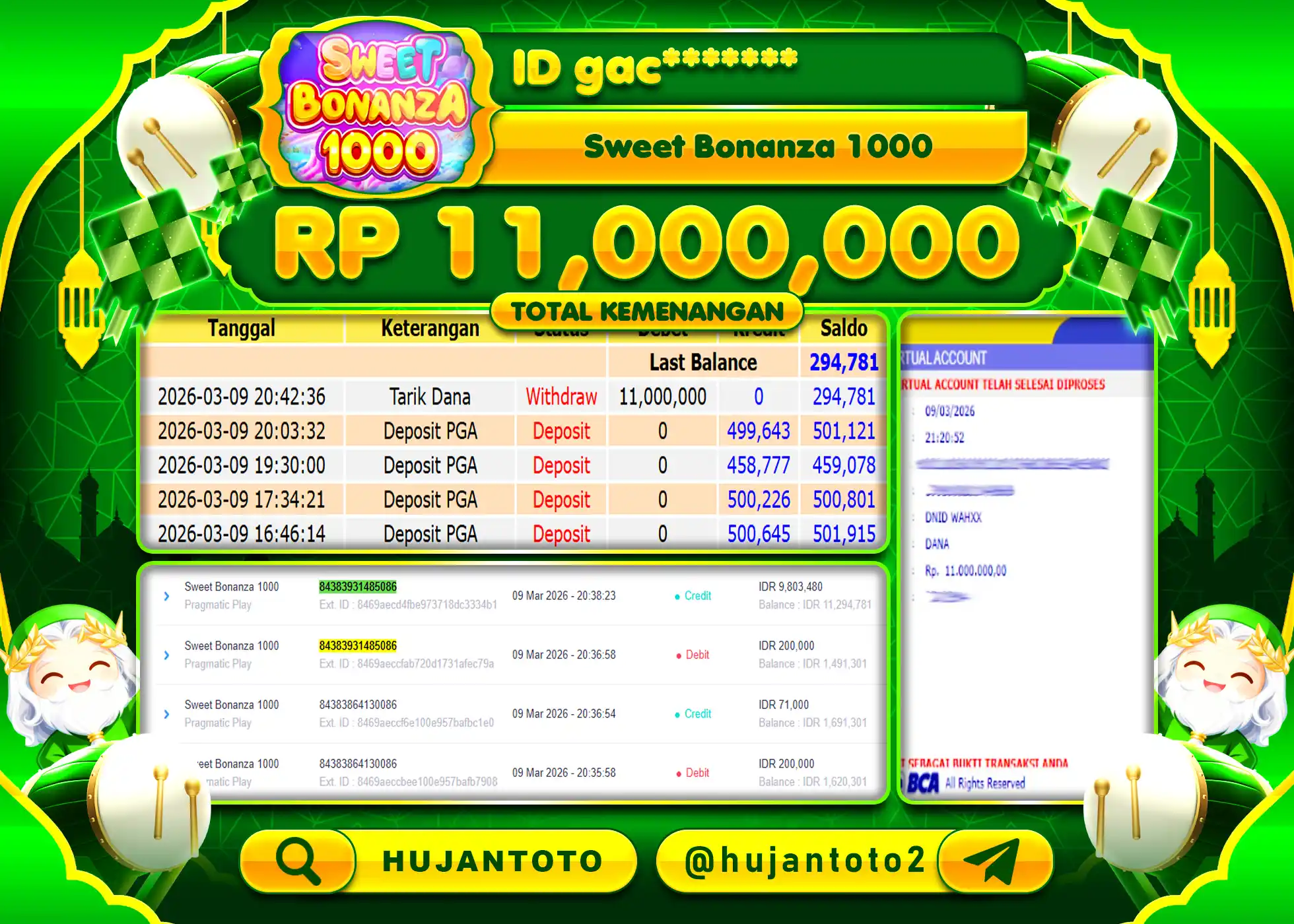 HUJANTOTO - BUKTI JACKPOT MENANG SLOT SWEET BONANZA 1000 Rp.11,000,000 - TERBAYAR LUNAS