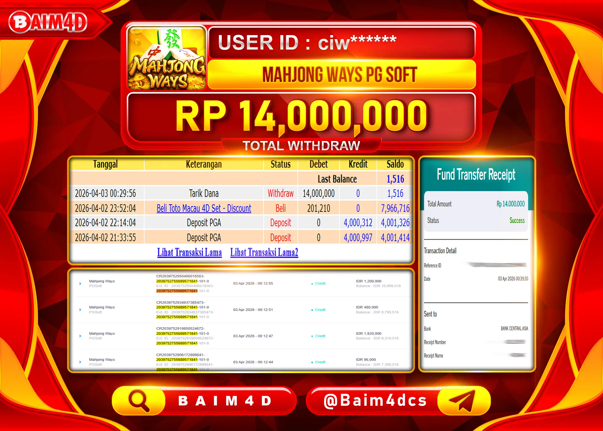 BAIM4D JACKPOT  SLOT MAHJONG WAYS Rp.14,000,000 - LUNAS