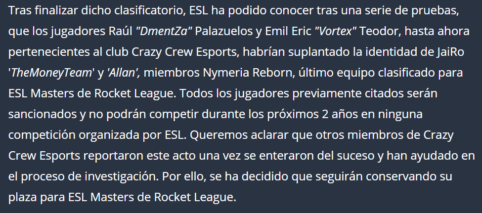 Parte del comunicado de la ESL respecto a la polémica de la suplantación. Parte del comunicado de la ESL respecto a la polémica de la suplantación.