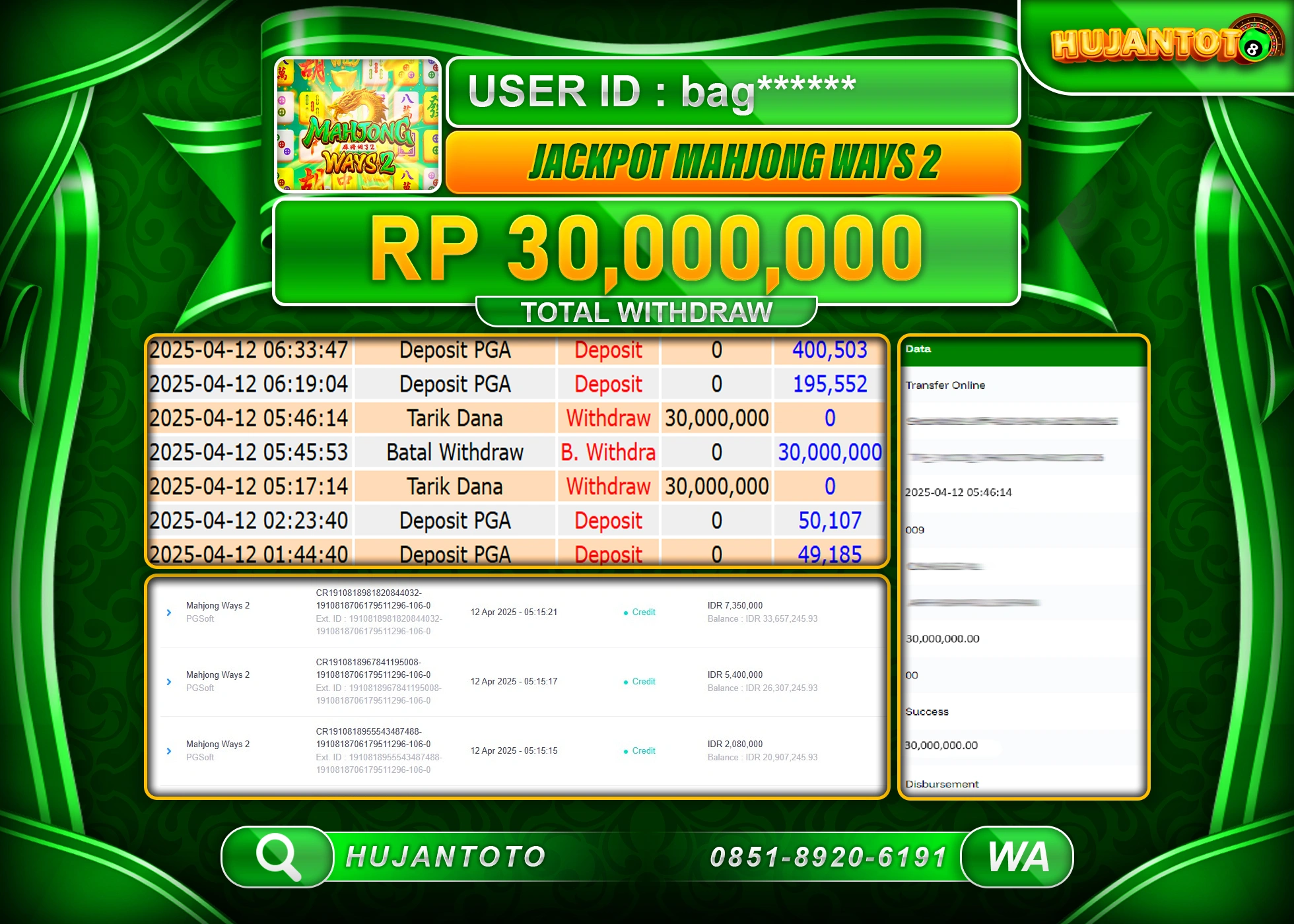 HUJANTOTO - BUKTI JACKPOT MENANG BESAR SLOT MAHJONG WAYS 2  Rp,30,000,000 - TERBAYAR LUNAS