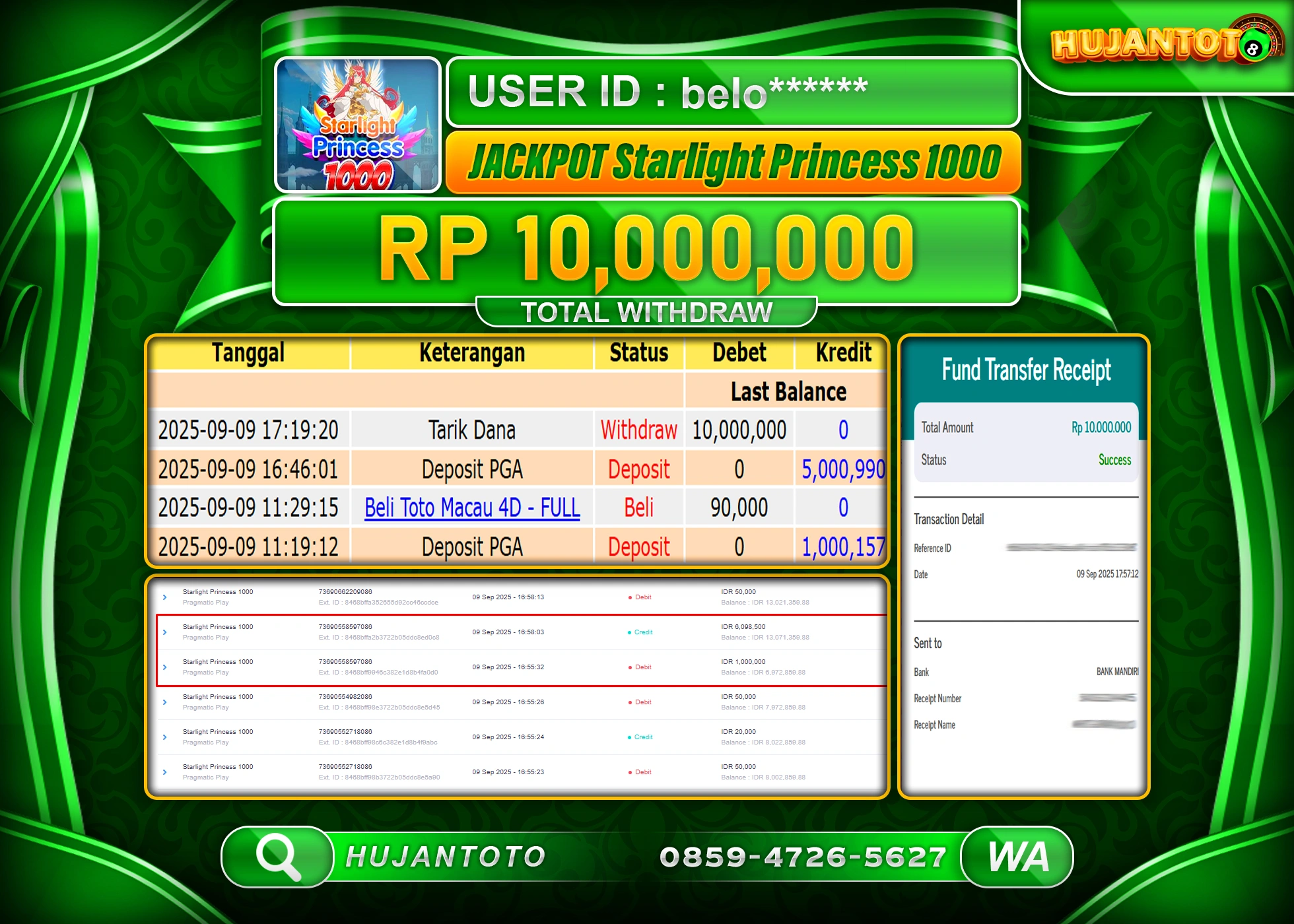 HUJANTOTO - BUKTI JACKPOT MENANG SLOT STARLIGHT PRINCESS 1000 Rp.10,000,000 - TERBAYAR LUNAS