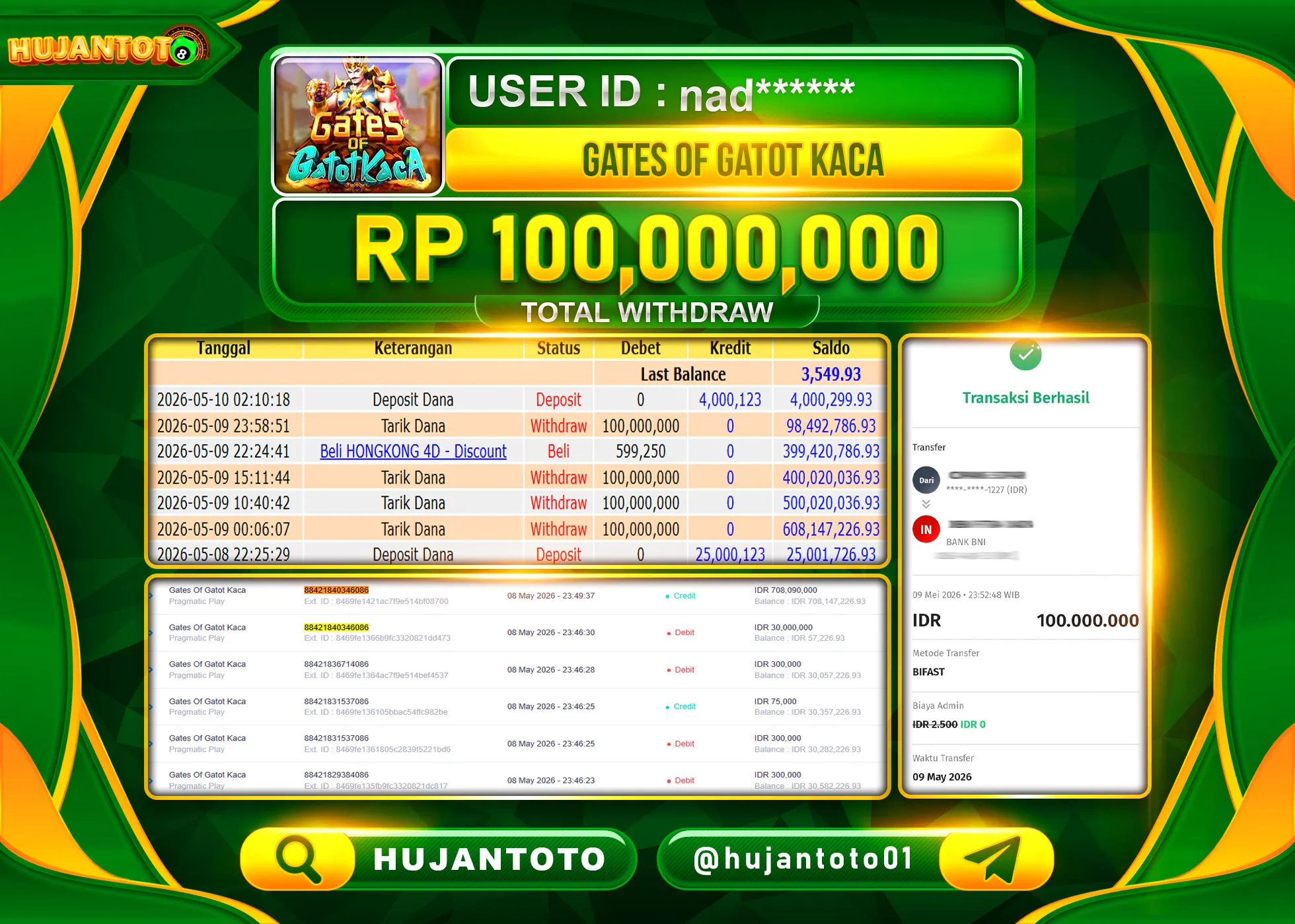 HUJANTOTO - BUKTI JACKPOT MENANG SLOT GATES OF GATOT KACA Rp.100,000,000 - TERBAYAR LUNAS