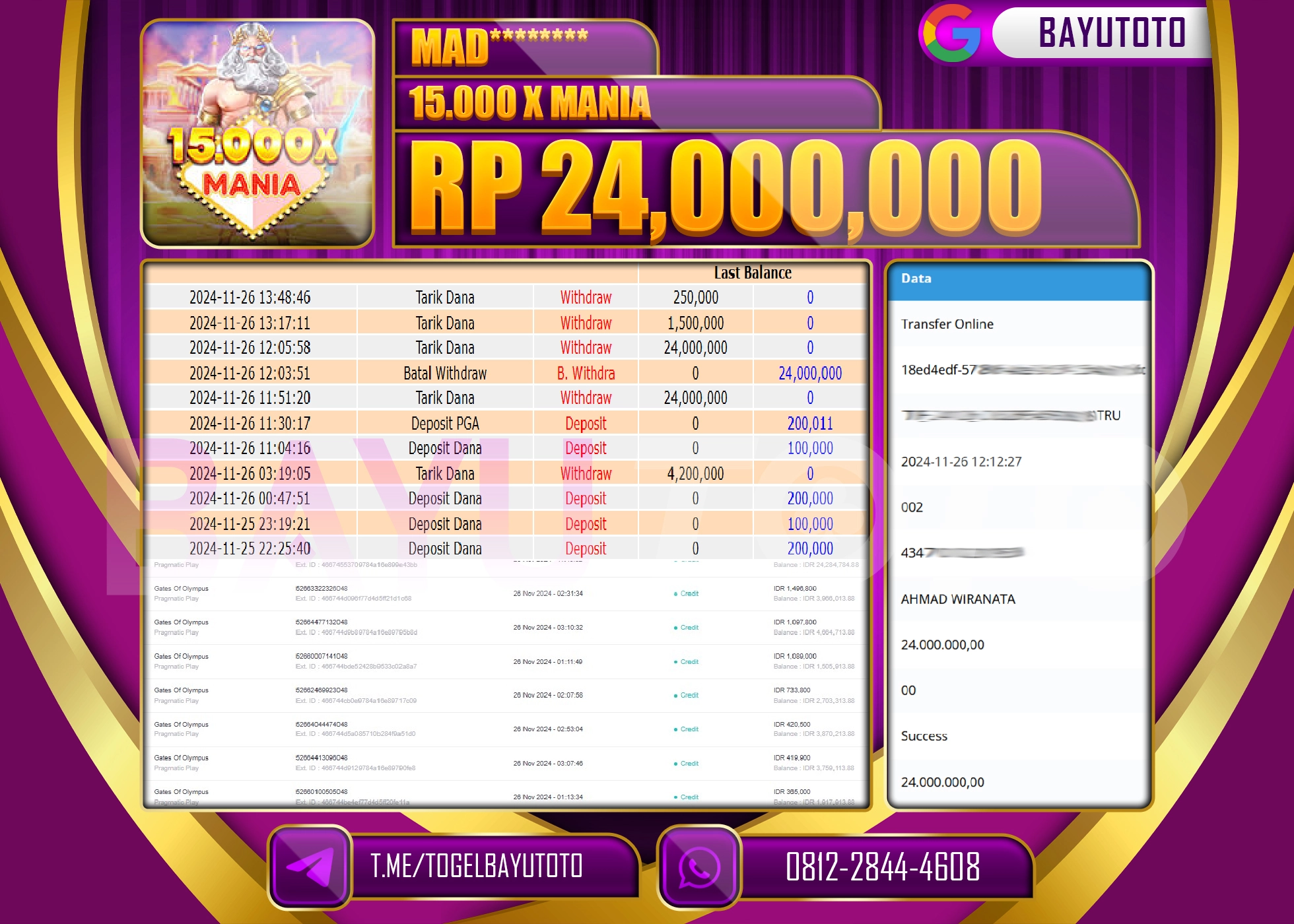 BAYUTOTO MENANG SLOT 15.000 X MANIA 24,000,0000 - LUNAS