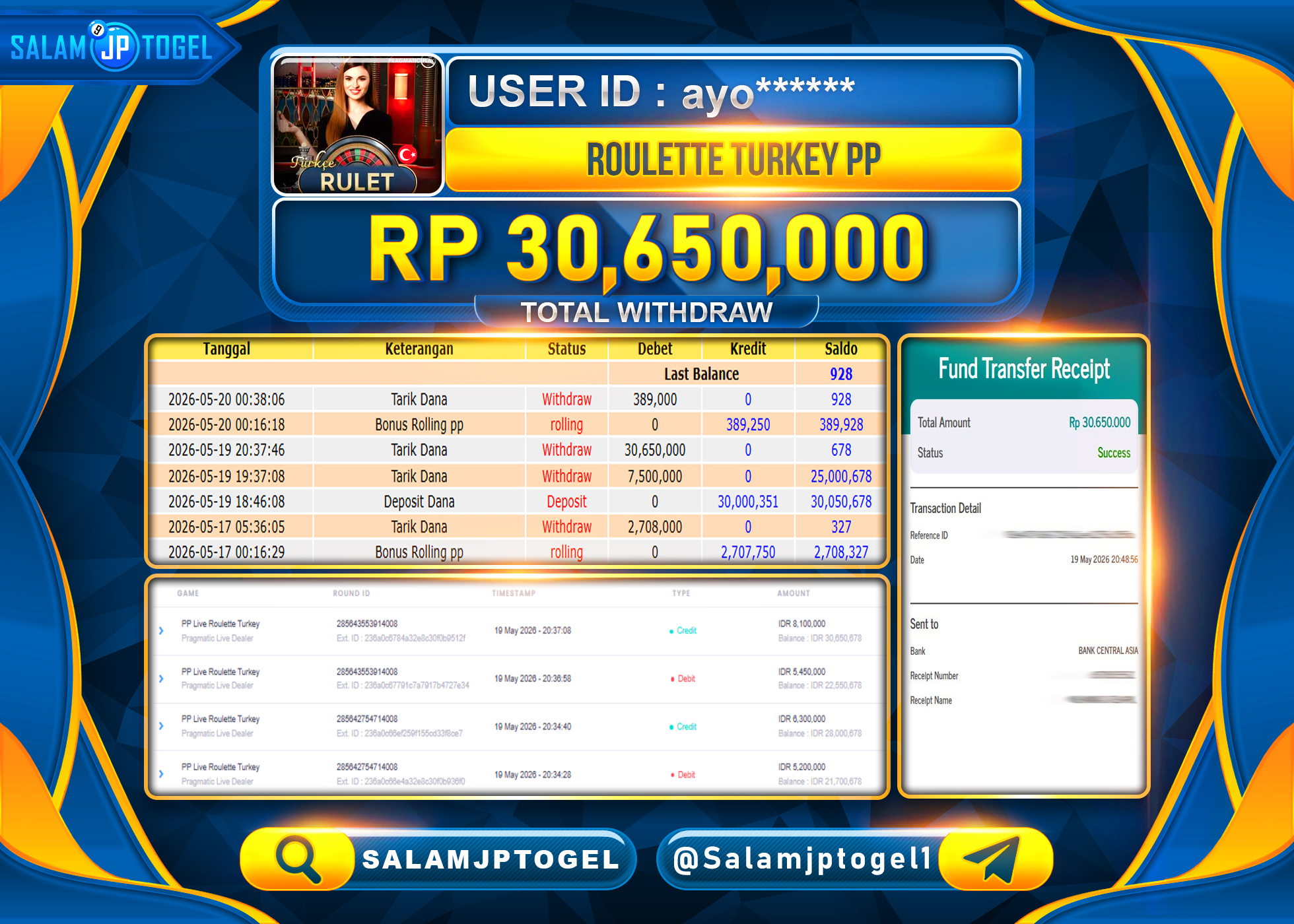 SALAMJPTOGEL JACKPOT Menang PP Live Roulette Turkey Rp.30,650,000 - LUNAS
