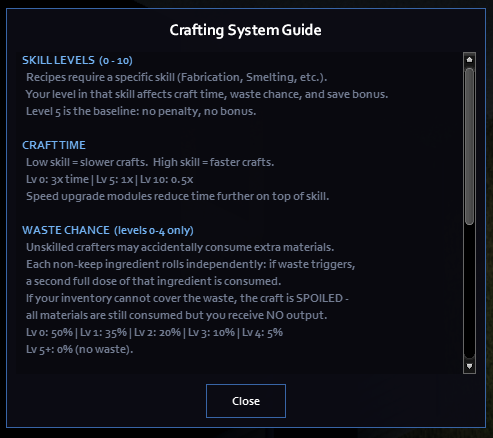 Crafting System Guide panel with skill, craft time, and waste details