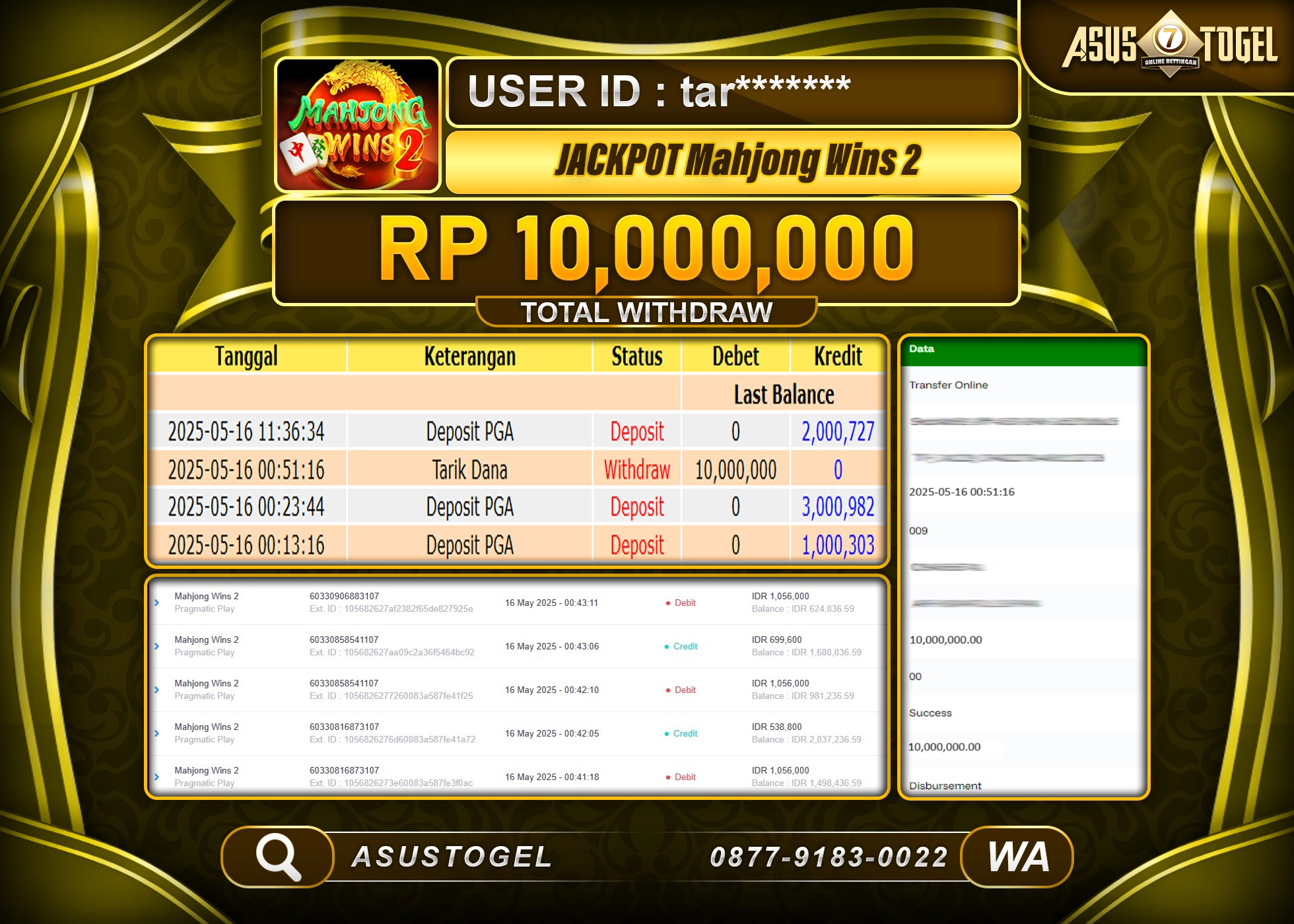 ASUSTOGEL KEMENANGAN DI SLOT MAHJONG WINS 2 SEBESAR 10,000,000- RUPIAH LUNAS