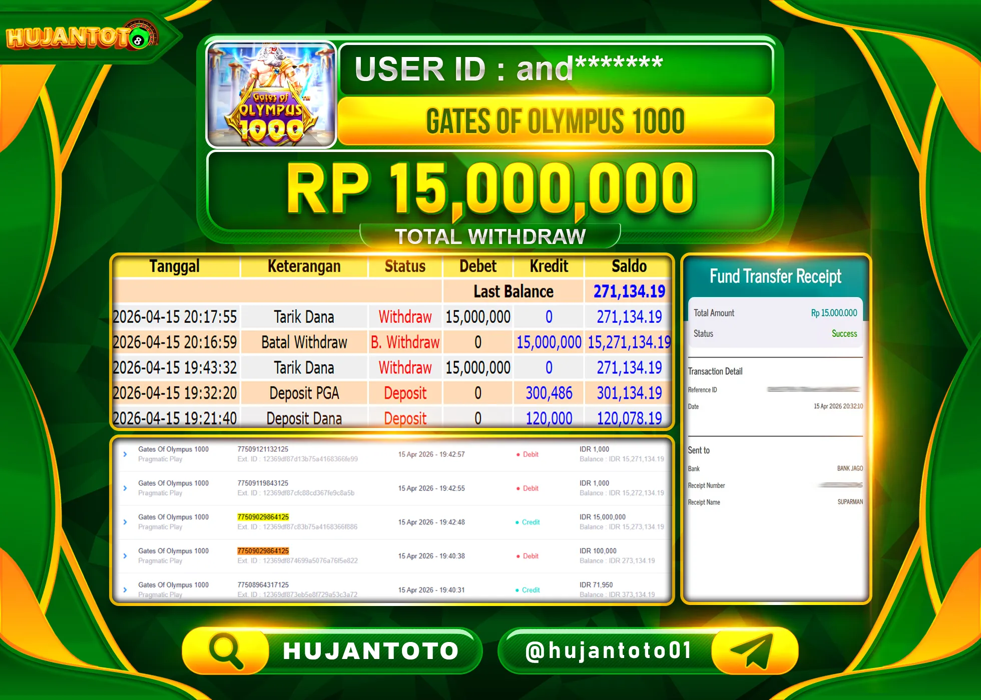 HUJANTOTO - BUKTI JACKPOT MENANG SLOT GATES OF OLYMPUS 1000 Rp.15,000,000 - TERBAYAR LUNAS