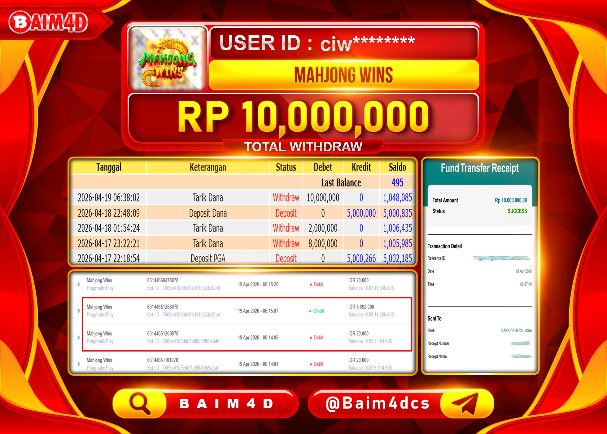 BAIM4D JACKPOT SLOT MAHYONG WINS PRp.10,000,000 - LUNAS