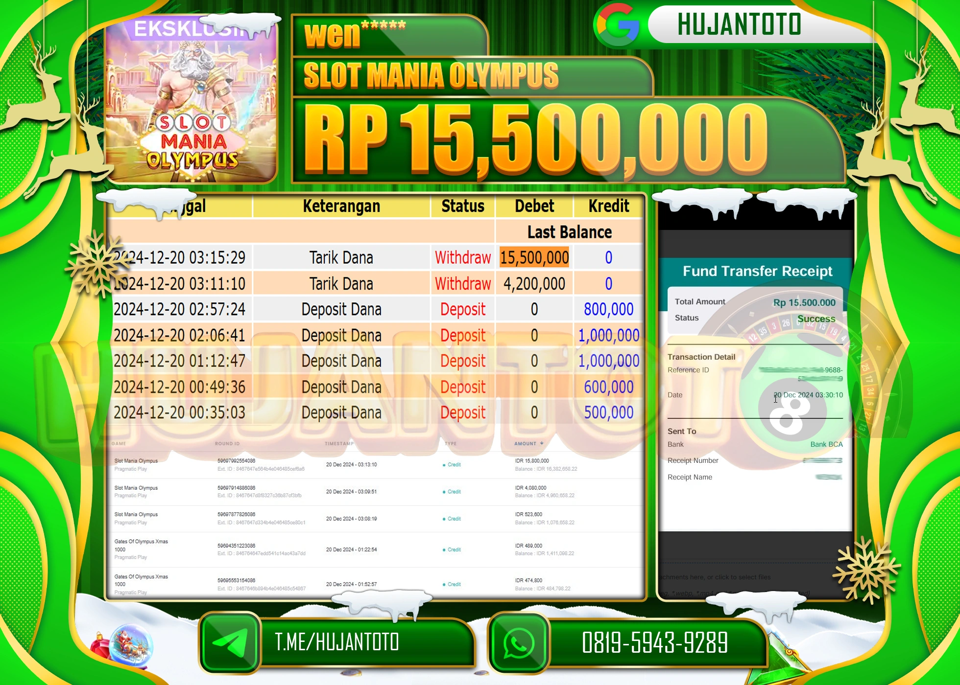 HUJANTOTO SELAMAT ATAS KEMENANGAN YANG DI RAIH DI PERMAINAN SLOT MANIA OLYMPUS SEBESAR - 15,500,000 - TERBAYAR LUNAS