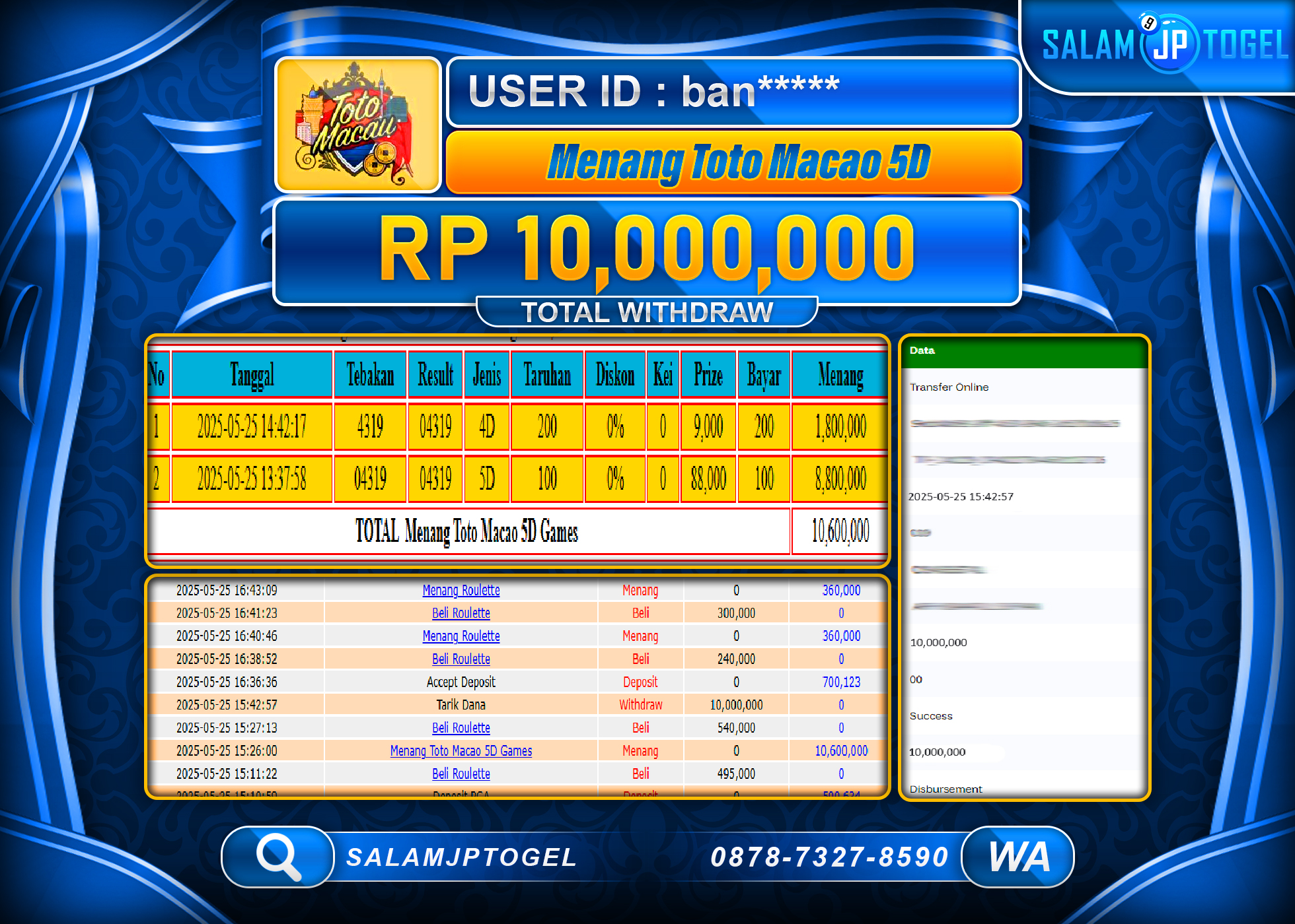 SALAMJPTOGEL MENANG TOTO MACAU 5D Rp.10,000,000 LUNAS