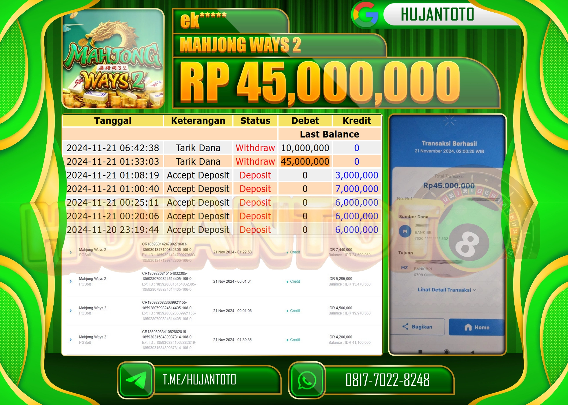 HUJANTOTO KEMENANGAN BESAR DI SLOT MAHJONG WAYS 2 SEBESAR  - 45,000,000 - LUNAS