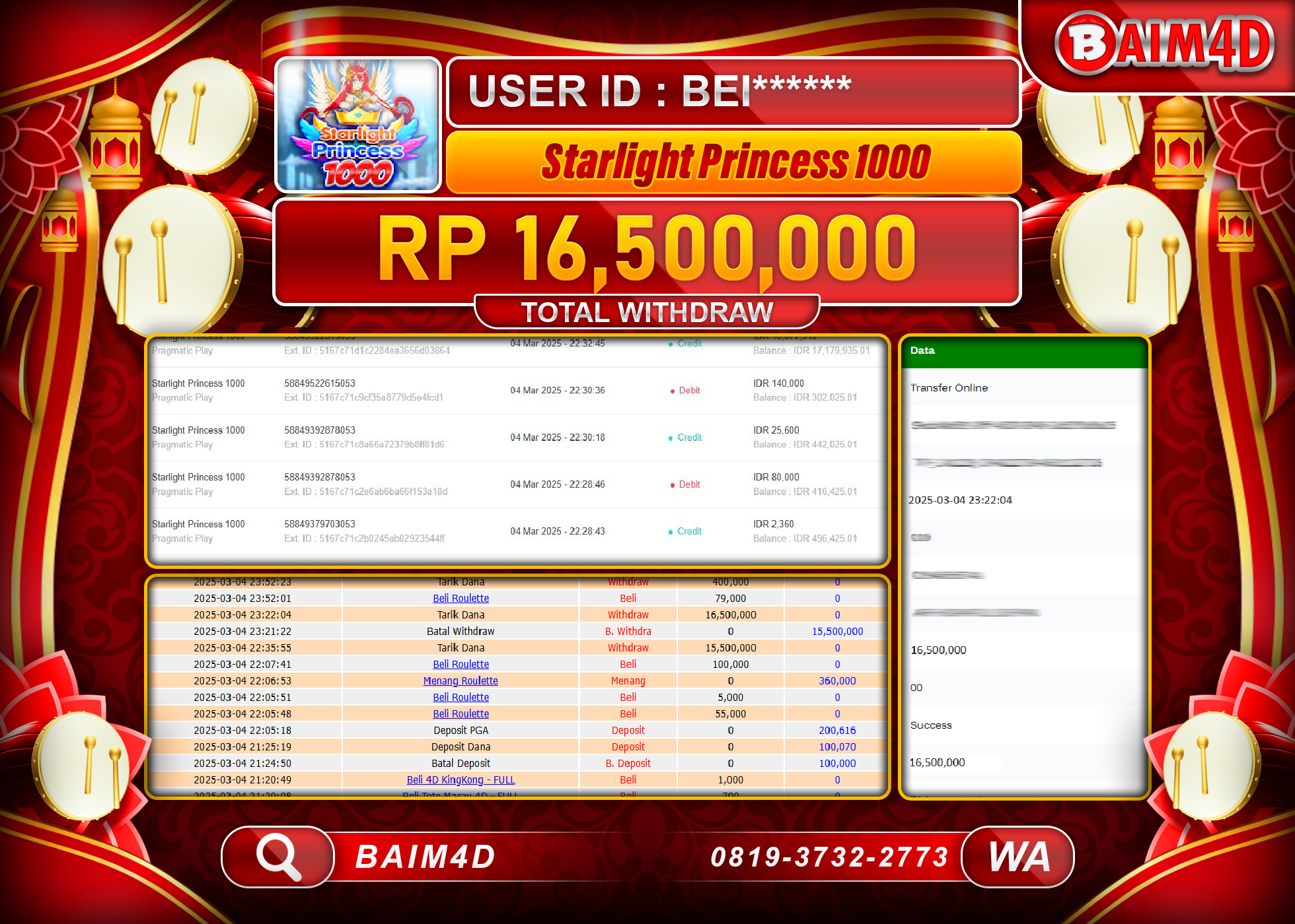 BAIM4D MENANG JACKPOT Starlight Princess 1000 Rp.16.500,000.